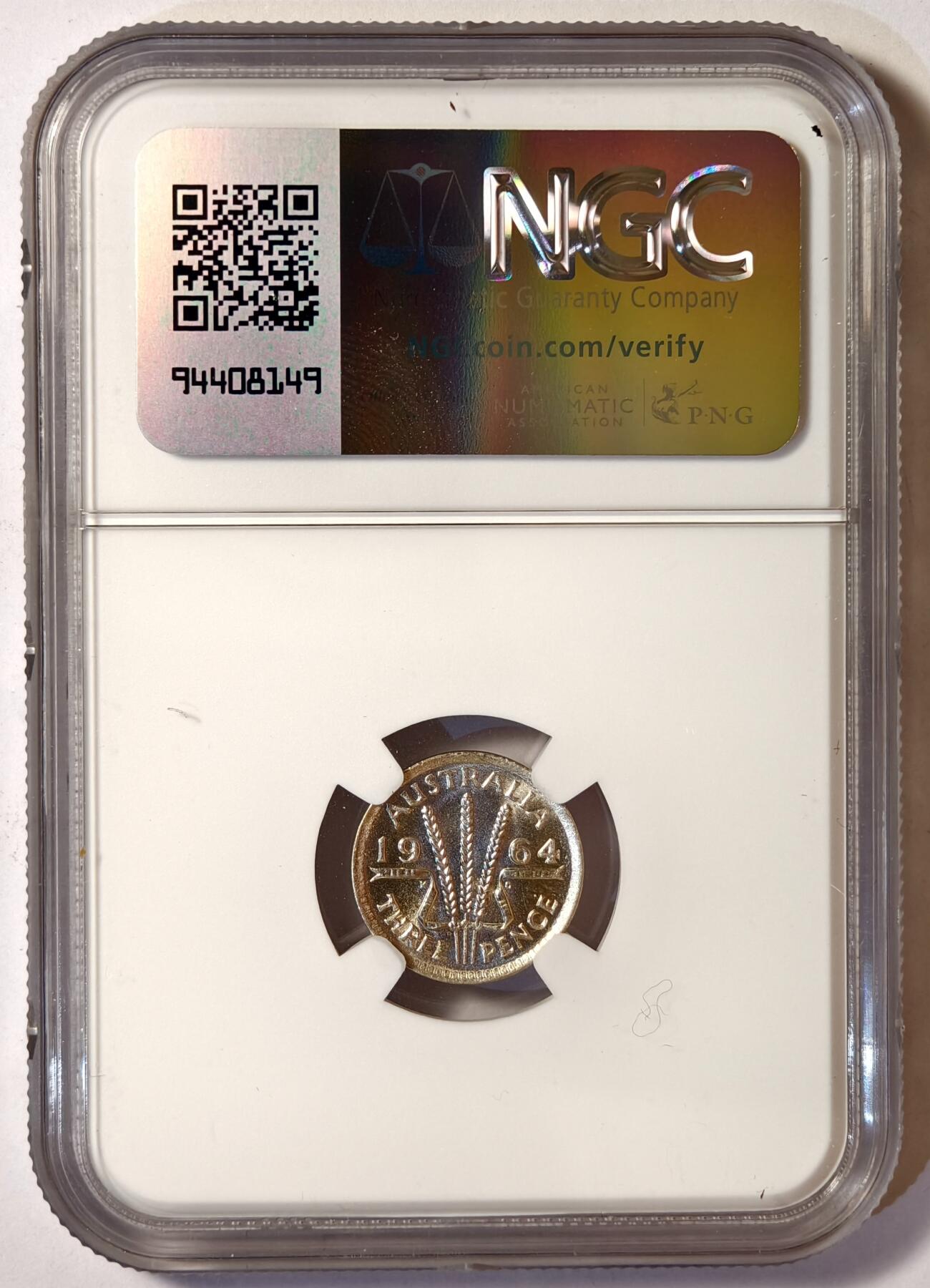 紫瑗钱币——第522期 澳大利亚 1964年 伊丽莎白二世 3便士 银币 NGC MS64