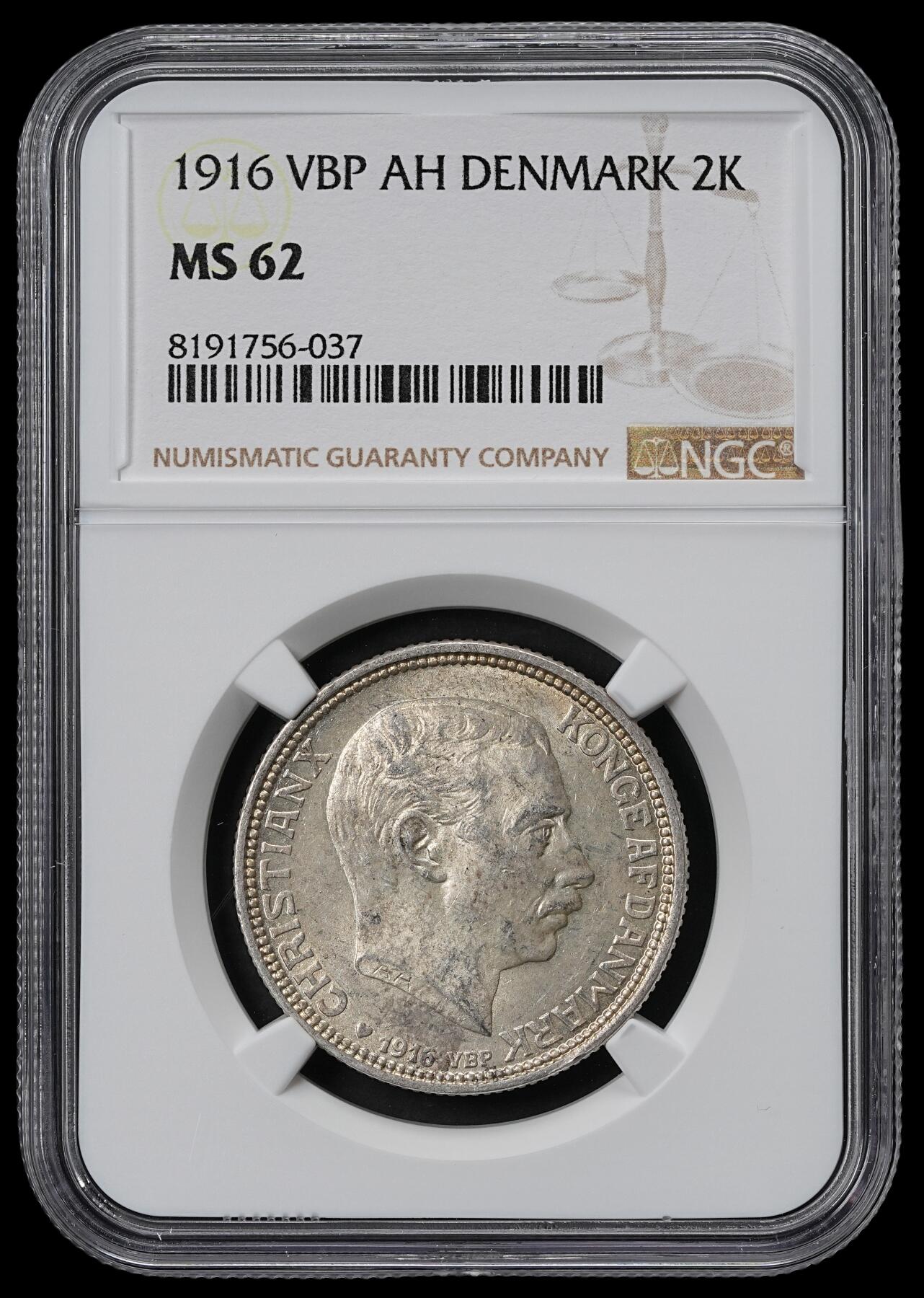 修遠堂世界钱币第六十期 NGC MS62 1916年丹麦海豚2克朗银币 流通克朗MS较少见