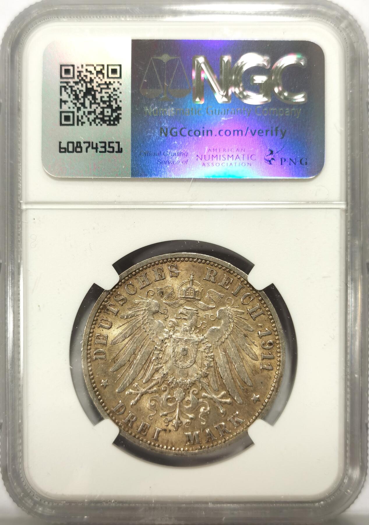 博洋堂世界钱币拍卖第113期（全场包邮） NGC MS63 德国符腾堡1911年银婚纪念3马克银币