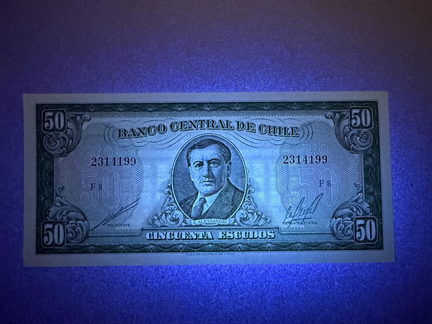 《艾美收藏》第190期-周日欧洲精品汇 智利50埃斯库多 UNC 智利总统帕尔马 双尾