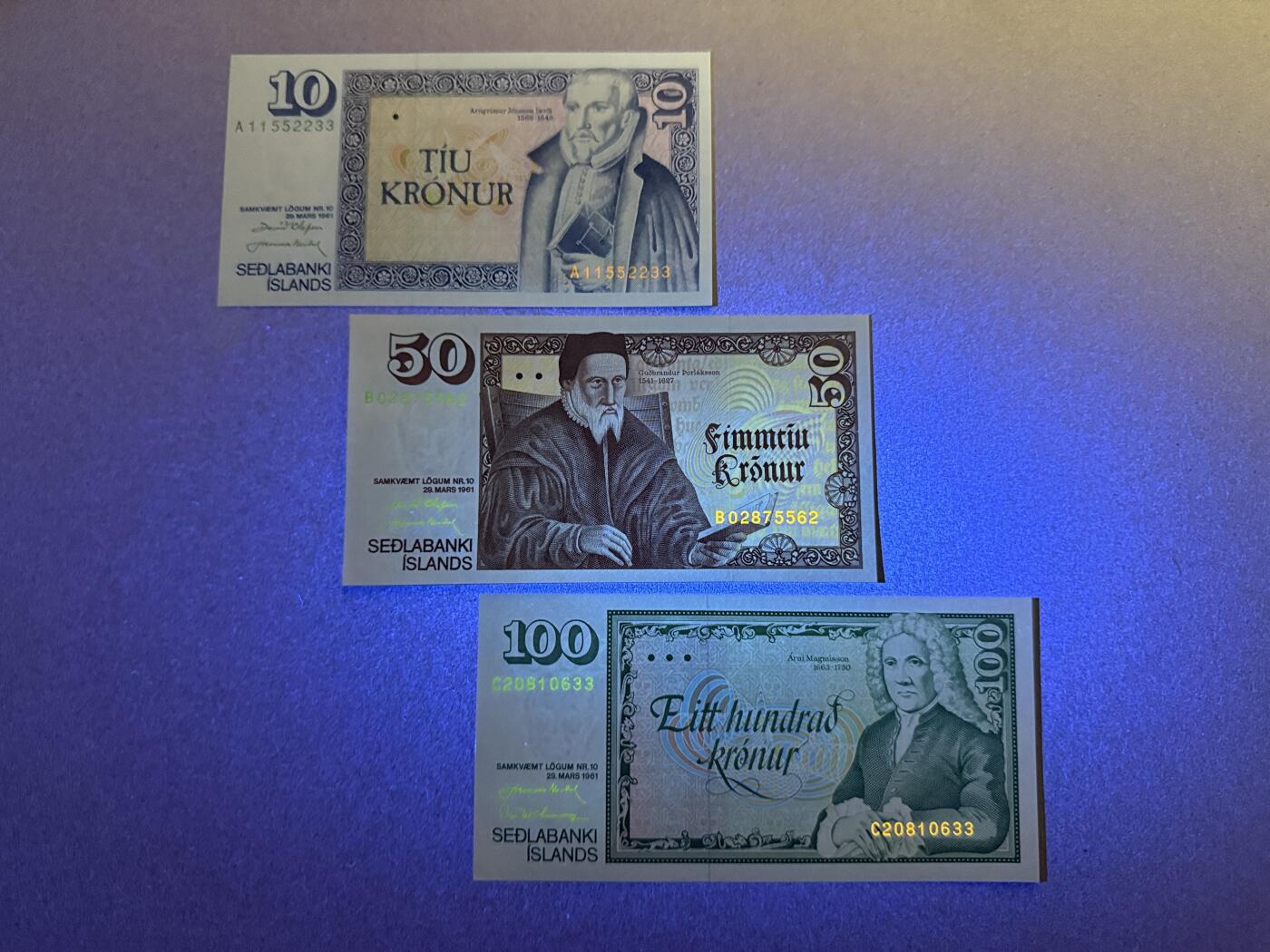 《艾美收藏》第190期-周日欧洲精品汇 冰岛10、50、100克朗3张 UNC 1981年版 全程无4