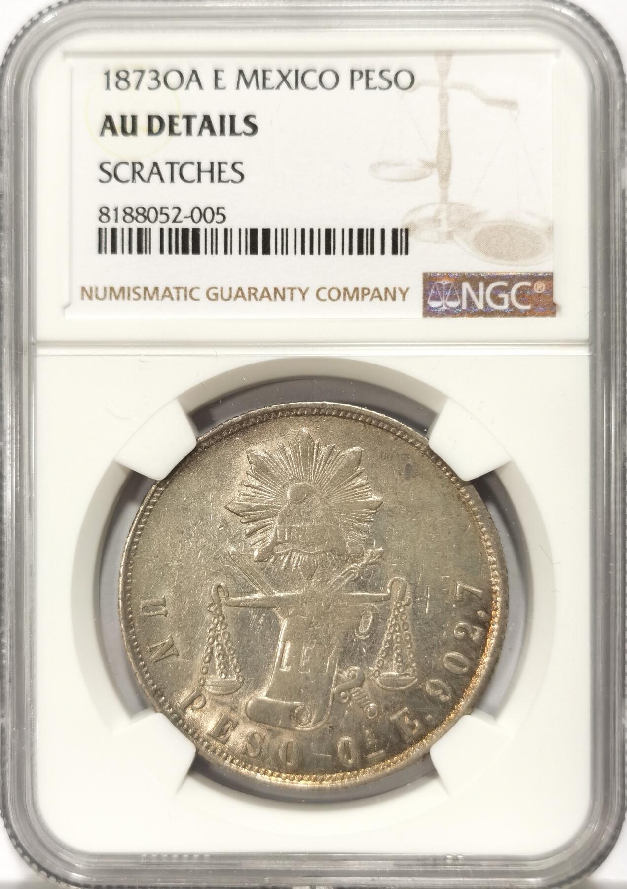 博洋堂世界钱币拍卖第113期（全场包邮） NGC AUD 墨西哥1873年OA E天平比索 整体光度和包浆很好 少见厂发行量仅有10w枚