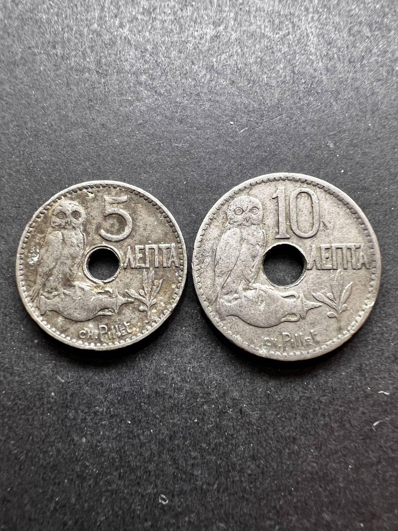 聚福钱庄★世界钱币第四期 全场包邮 欢迎参拍 希腊1912年猫头鹰5分、10分镍币