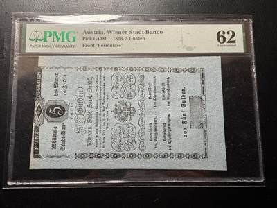八十四场 - 奥地利1806年5Gulden，PMG62超级稀有！pmg记录仅仅有6张！！全球孤品！！200多年前的纸币！