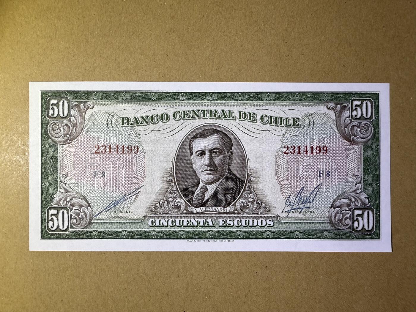 《艾美收藏》第190期-周日欧洲精品汇 智利50埃斯库多 UNC 智利总统帕尔马 双尾