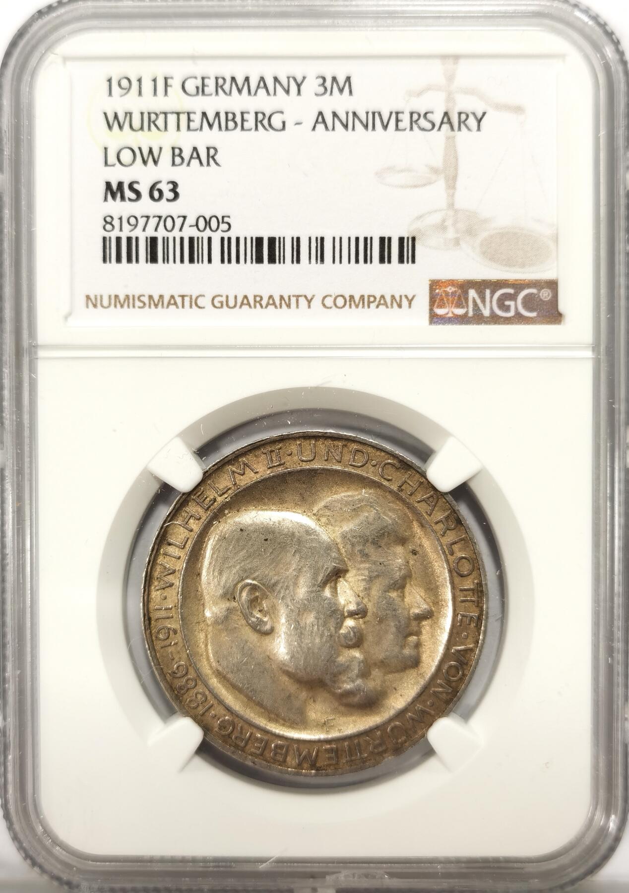 博洋堂世界钱币拍卖第113期（全场包邮） NGC MS63 德国符腾堡1911年银婚纪念3马克银币