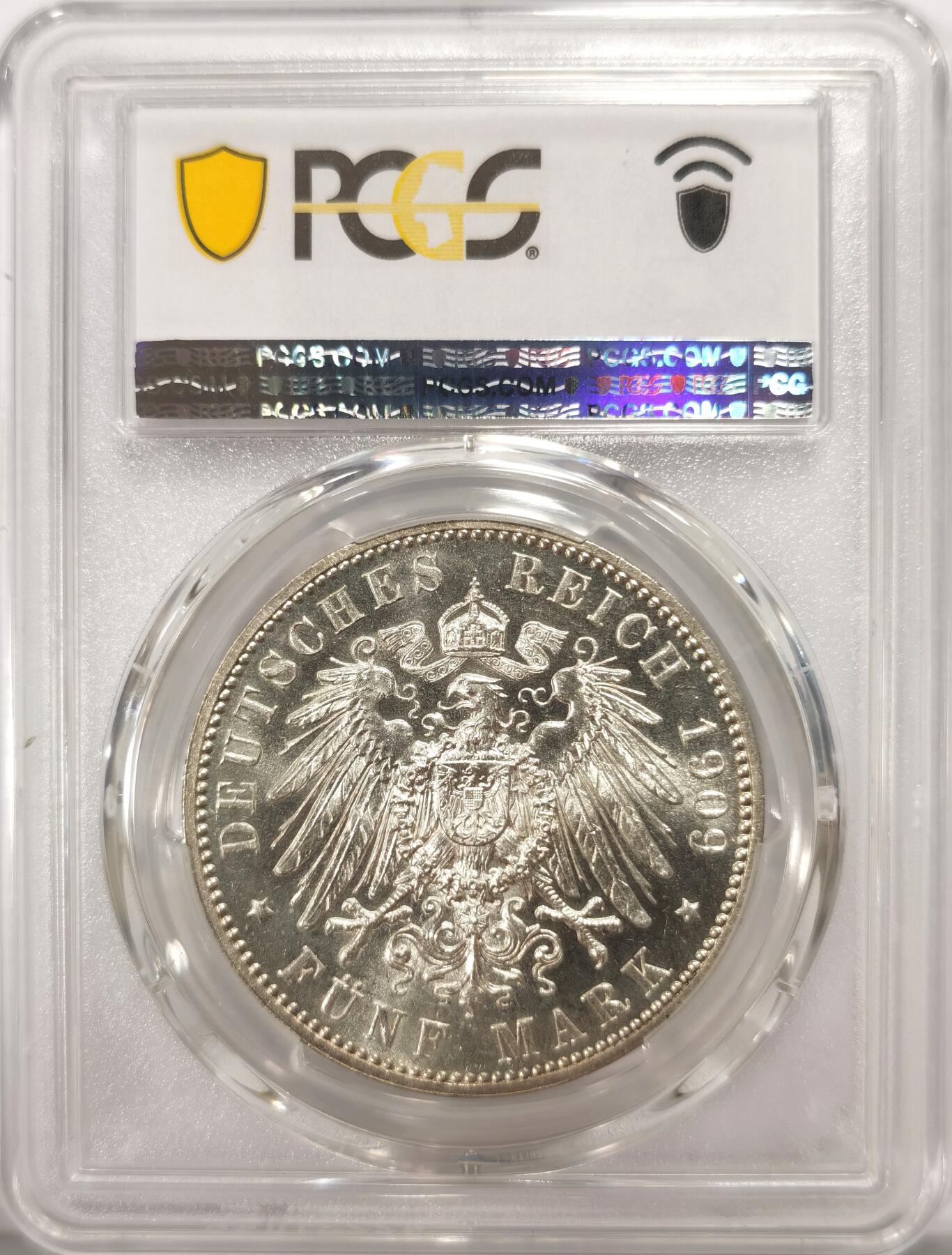 博洋堂世界钱币拍卖第113期（全场包邮） PCGS MS63 德国萨克森1909年莱比锡大学5马克银币，粉光，状态不错。