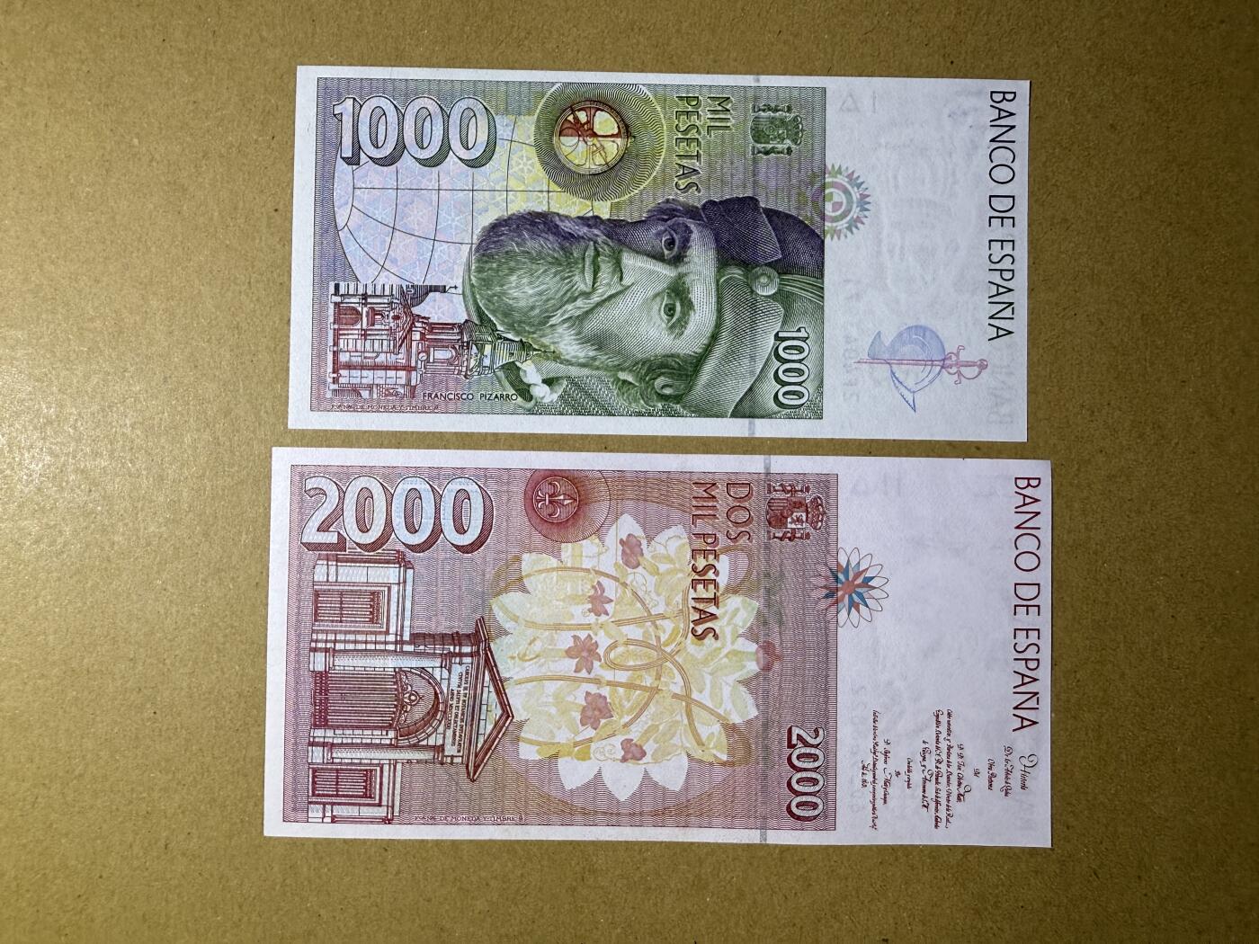 《艾美收藏》第190期-周日欧洲精品汇 西班牙1000、2000比塞塔2张 UNC 1992年末版 边缘轻微荧光