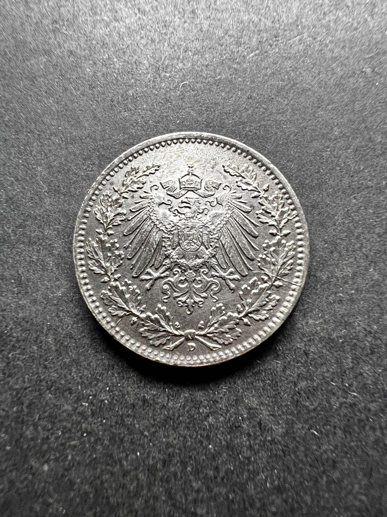 聚福钱庄★世界钱币第四期 全场包邮 欢迎参拍 德国1918年D版1/2马克银币 极美品