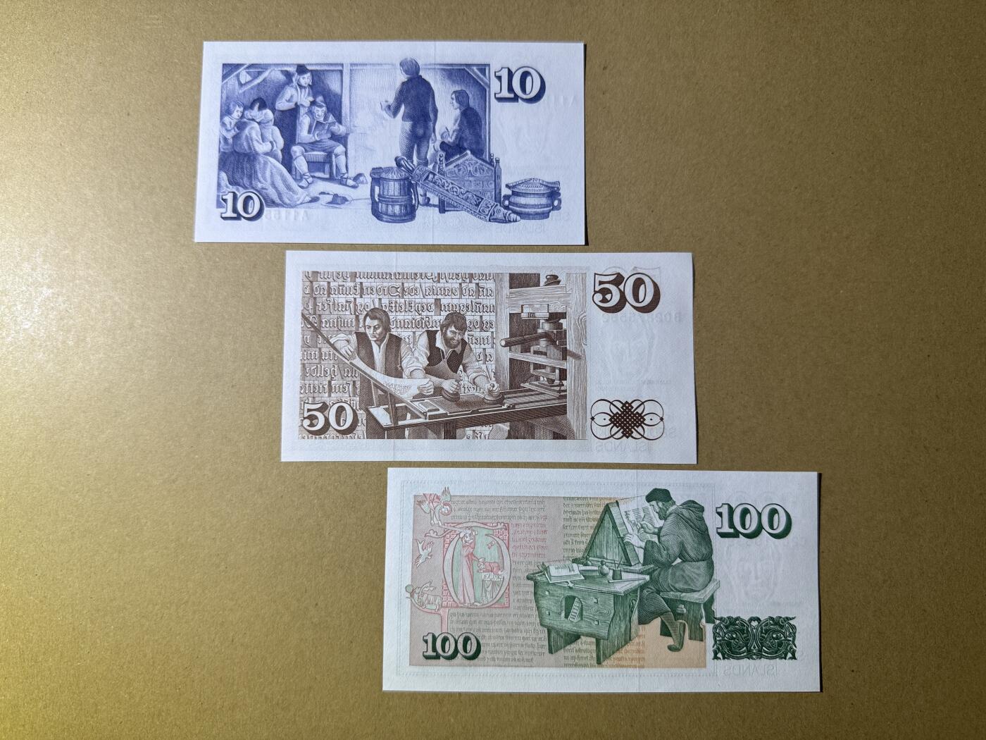 《艾美收藏》第190期-周日欧洲精品汇 冰岛10、50、100克朗3张 UNC 1981年版 全程无4