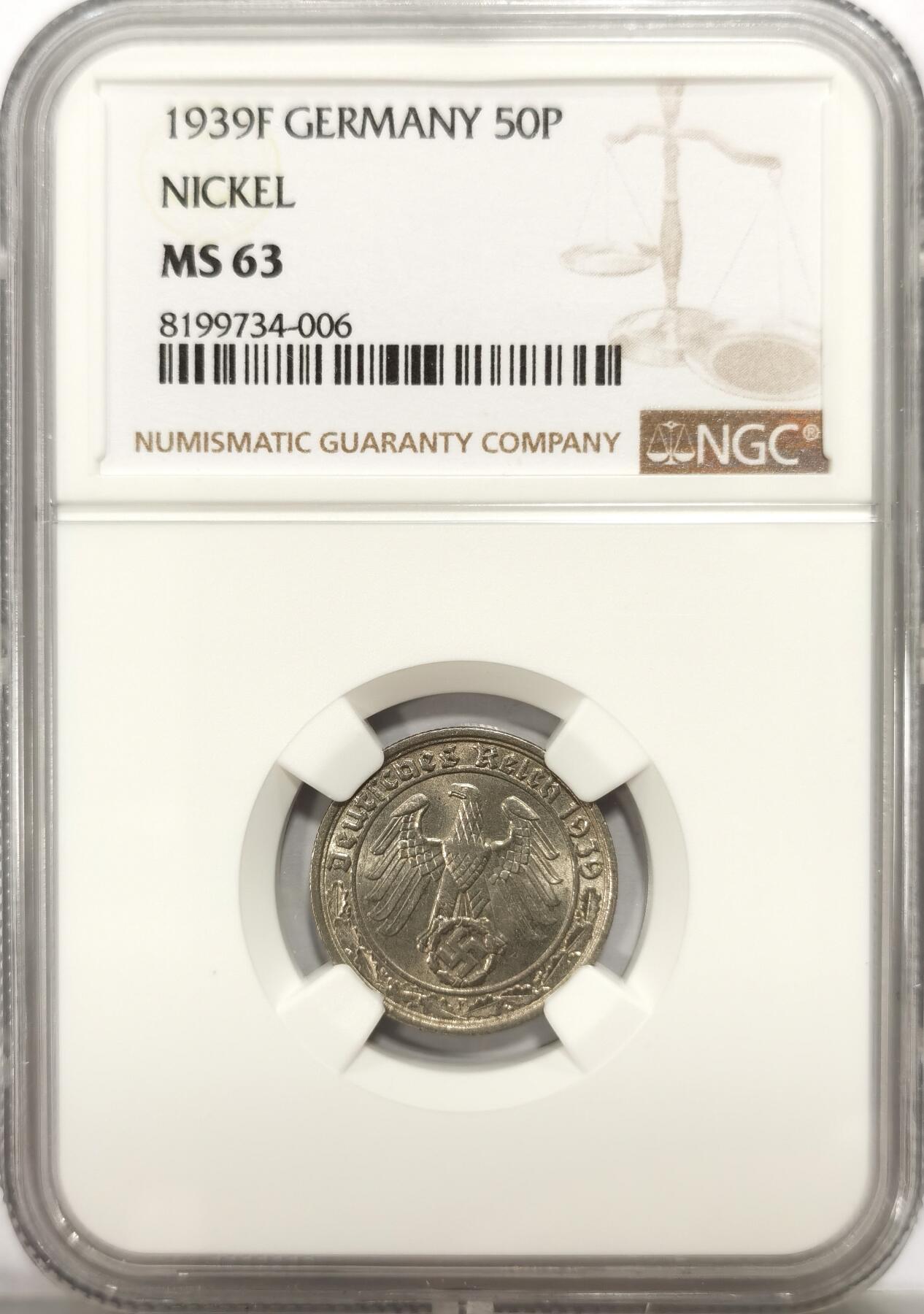 博洋堂世界钱币拍卖第113期（全场包邮） NGC MS63 德国第三帝国1939年F版50芬尼镍币，传说中的回炉坦克币