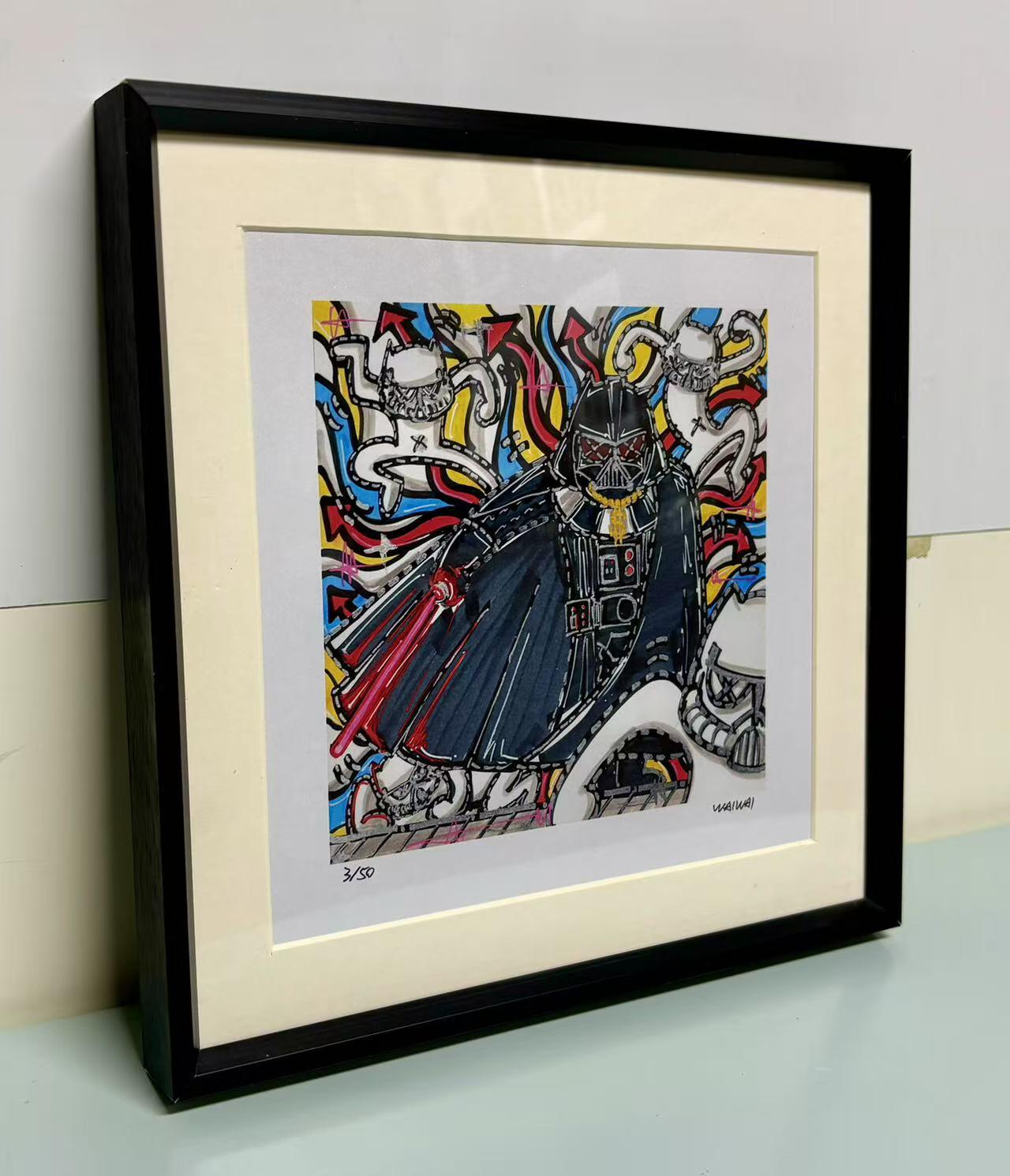 零元拍：歪歪亲笔签名 OWSON 系列作品装饰画《黑武士》，已做装裱 合金相框尺寸25/25CM。因展品出展，镜框或亚克力可能有轻微划痕，介意勿拍