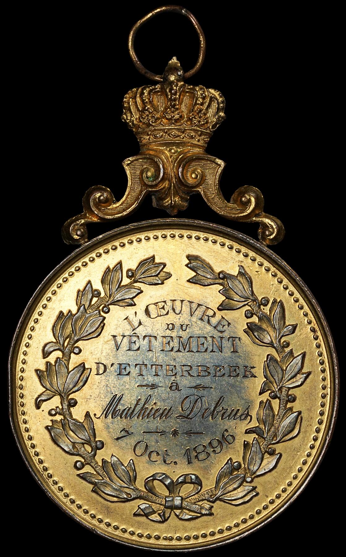 修遠堂世界钱币第六十期 1896年比利时鎏金铜章 51.81mm，55.75g 边一磕