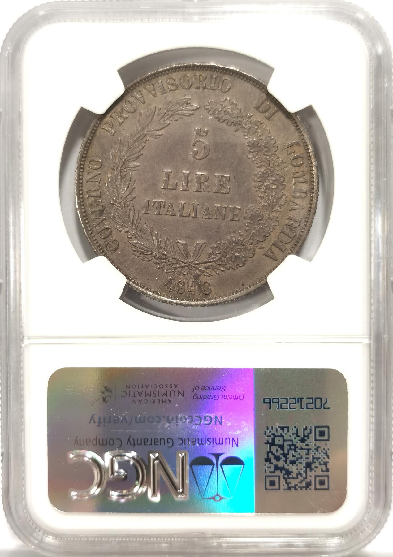 博洋堂世界钱币拍卖第113期（全场包邮） NGC AU 意大利1848年伦巴第临时政府5里拉大银币
