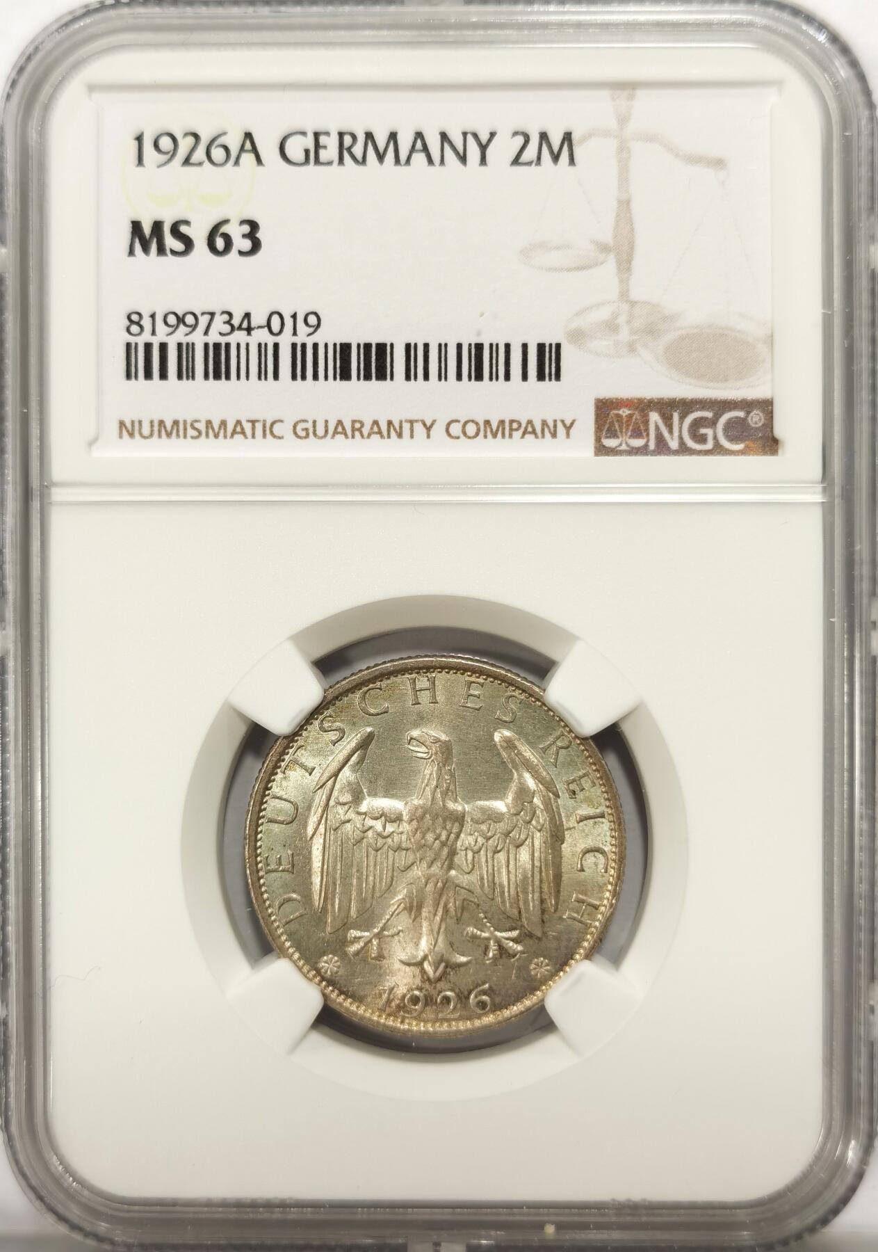 博洋堂世界钱币拍卖第113期（全场包邮） NGC MS63 德国魏玛共和国1926年A版2马克银币