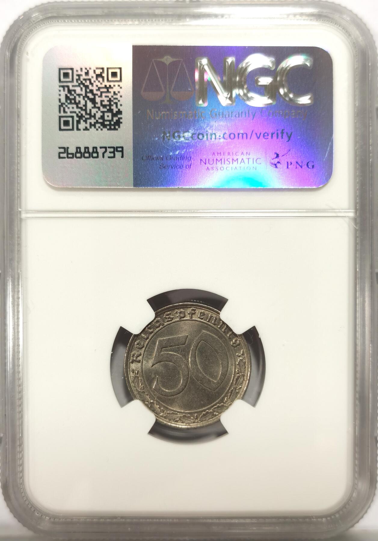 博洋堂世界钱币拍卖第113期（全场包邮） NGC MS63 德国第三帝国1939年F版50芬尼镍币，传说中的回炉坦克币