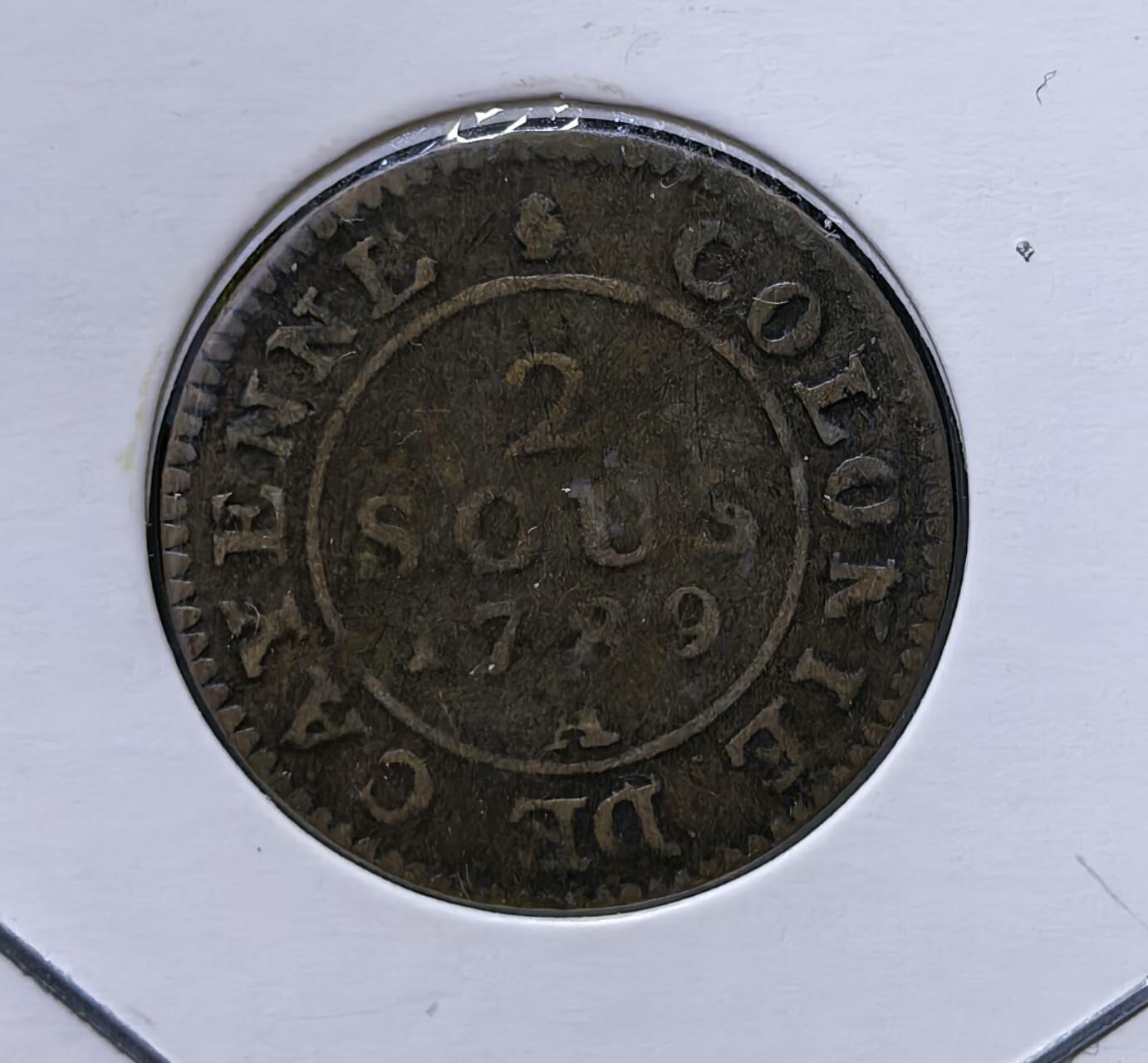 北京马甸外国币专卖第135期，外国币专场，陆续上拍，欢迎关注 法属圭亚那1789年 2苏 铜币