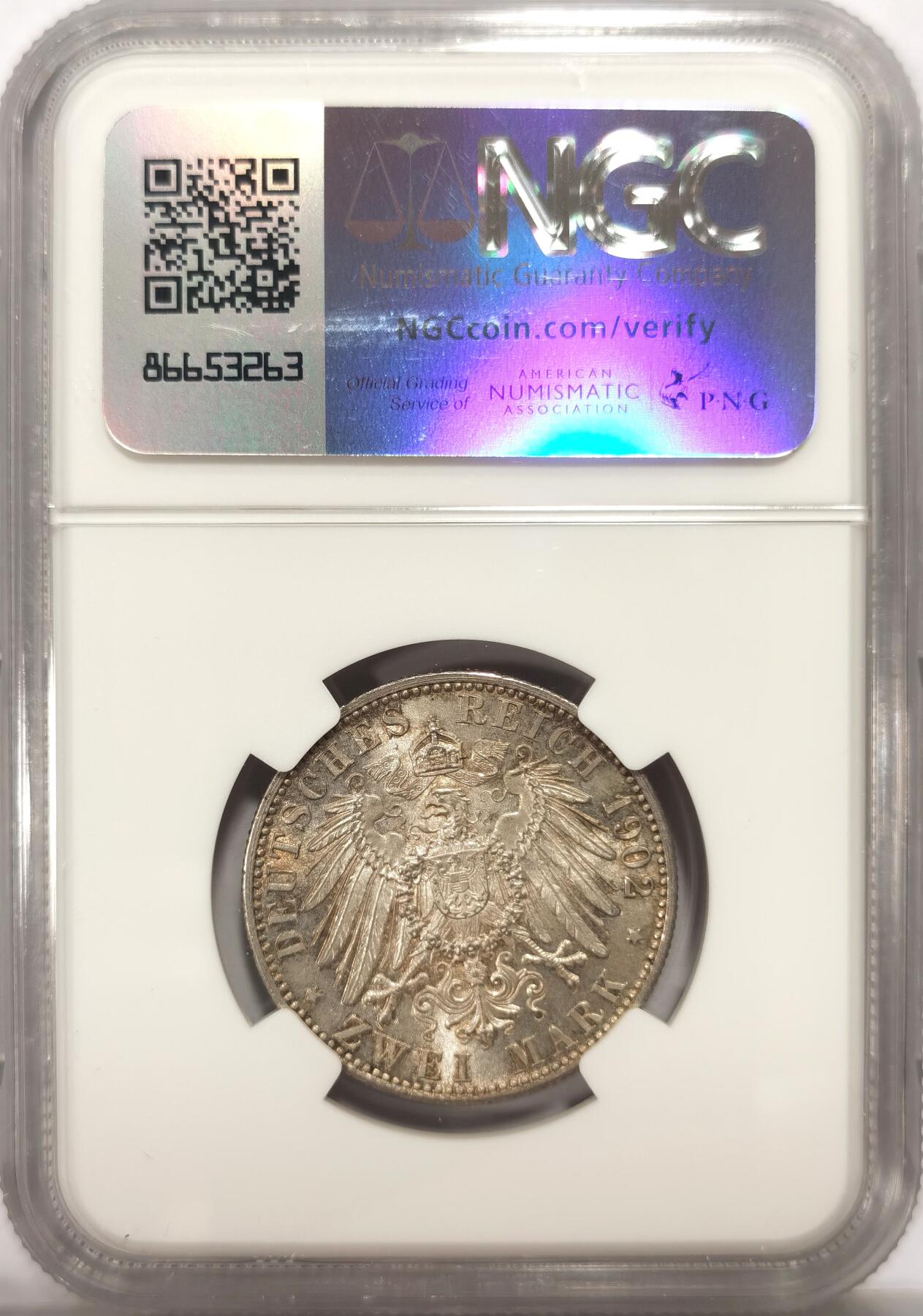 博洋堂世界钱币拍卖第113期（全场包邮） NGC MS64 德国巴登1902年登基50周年2马克银币