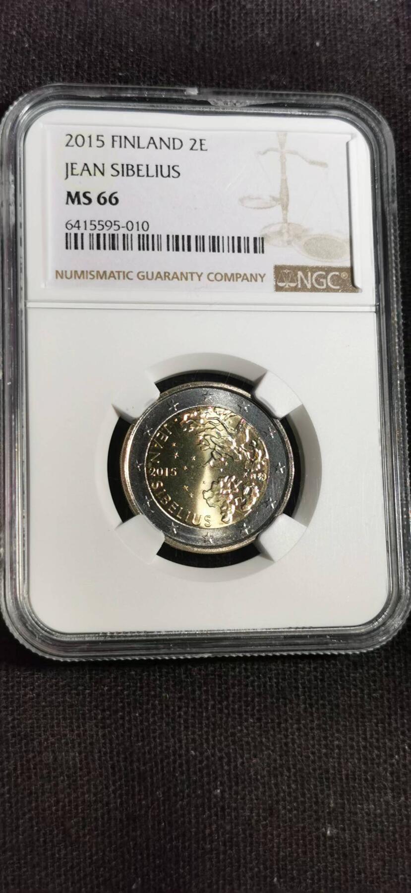 刘世昌艺术品销售中心～虎踞龙蟠*金杨在线联拍群第519期 芬兰2015年“音乐家西贝柳斯诞辰150周年”2欧元纪念币（NGC    MS66    号码：6415595-010）1枚。