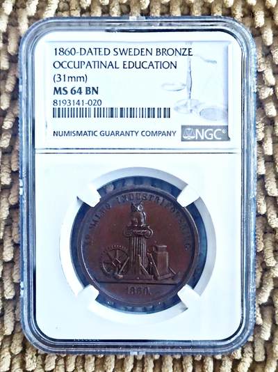 05月02日 世界币章 - 珍稀品：瑞典 1860年版 职业教育 纪念铜章 NGC-MS64