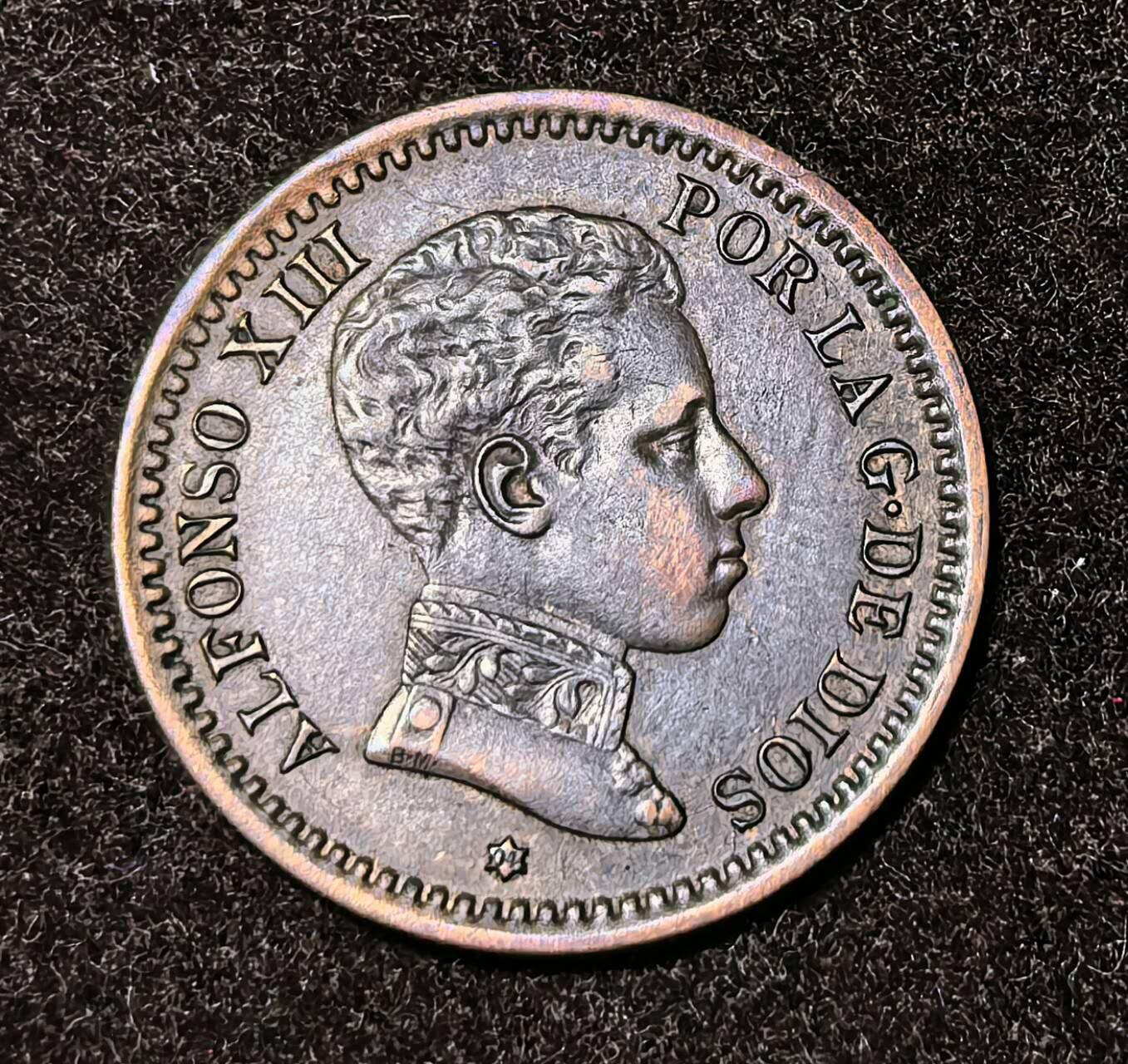 北京马甸外国币专卖第135期，外国币专场，陆续上拍，欢迎关注 好品相1904年西班牙阿方索十三世2分小铜币 