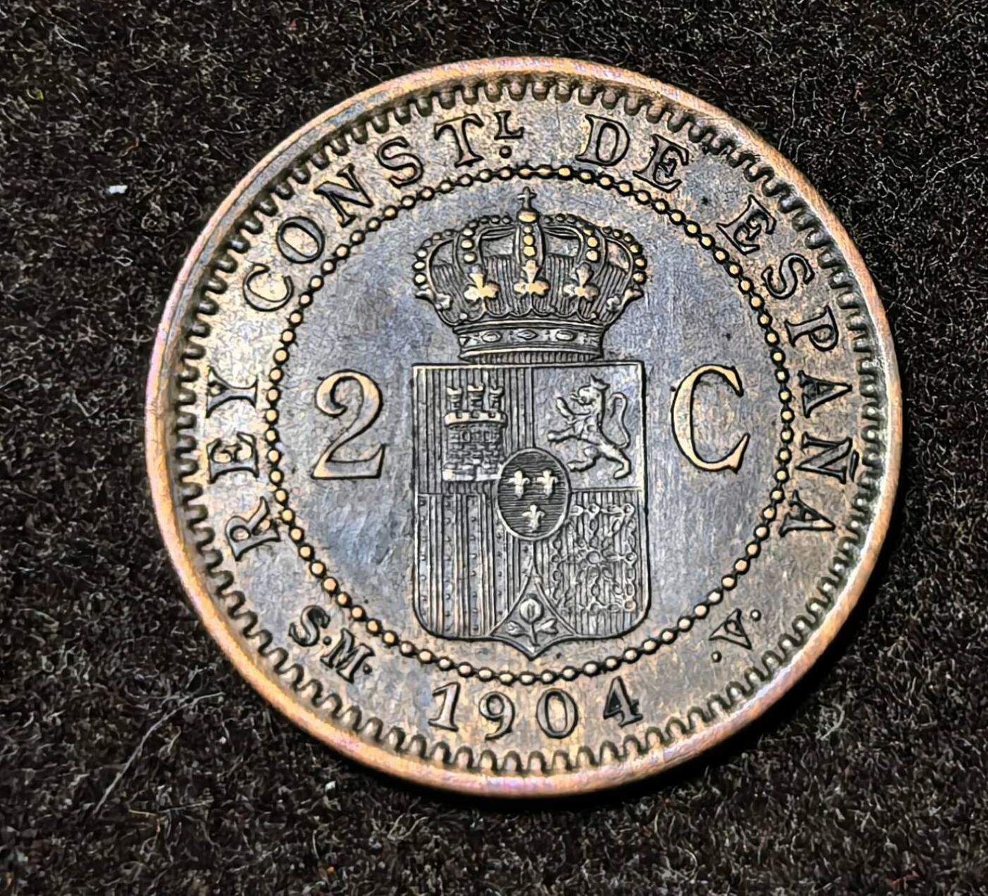 北京马甸外国币专卖第135期，外国币专场，陆续上拍，欢迎关注 好品相1904年西班牙阿方索十三世2分小铜币 