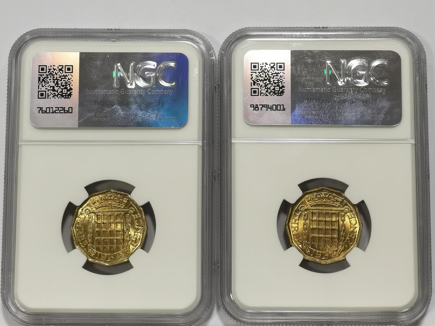 博洋堂世界钱币拍卖第113期（全场包邮） NGC MS65 英国1964年伊丽莎白二世3便士铜币2枚一对，高分转光