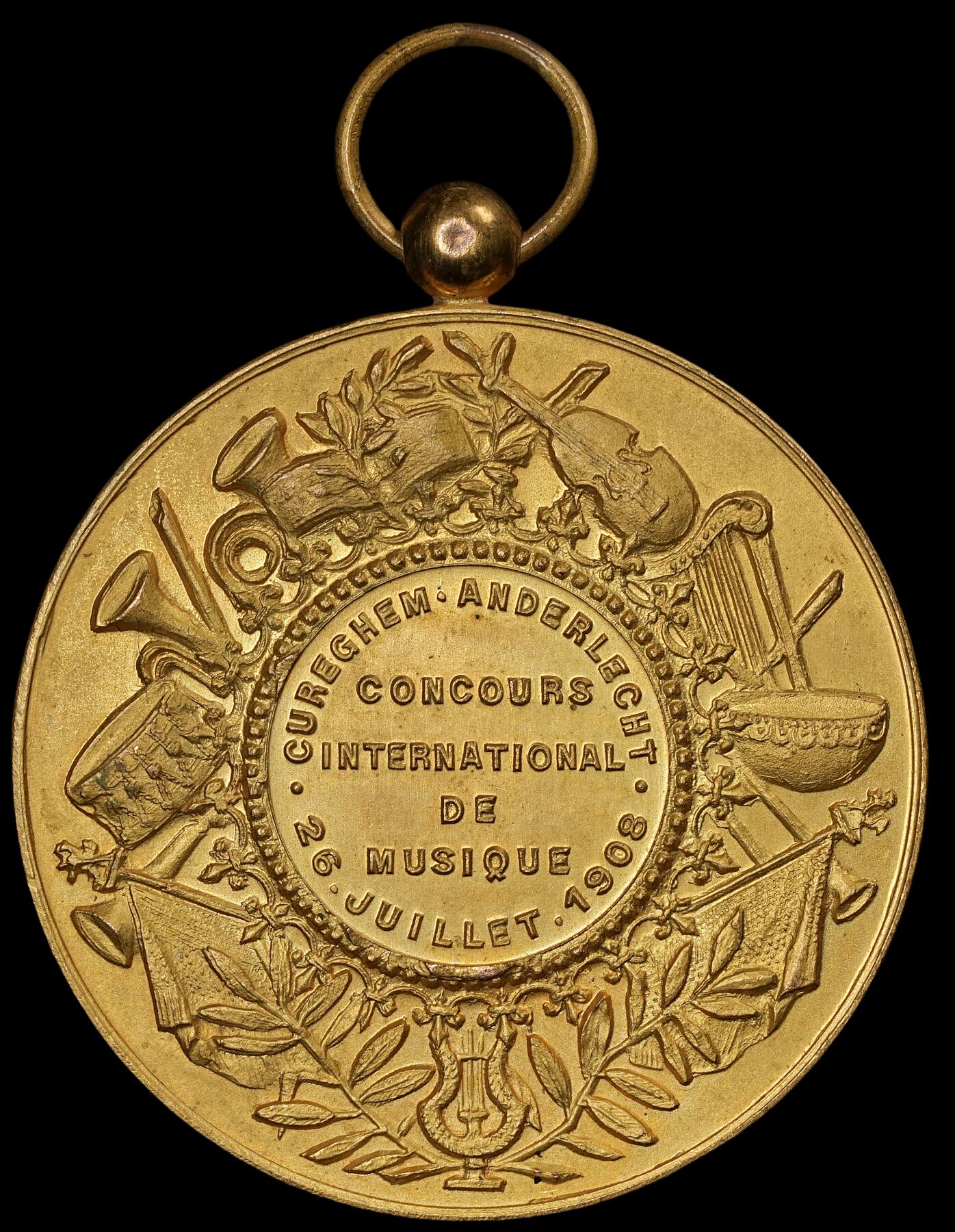 修遠堂世界钱币第六十期 1908年比利时cureghem国际音乐节鎏金章 品相极佳 50.78mm，52.08g