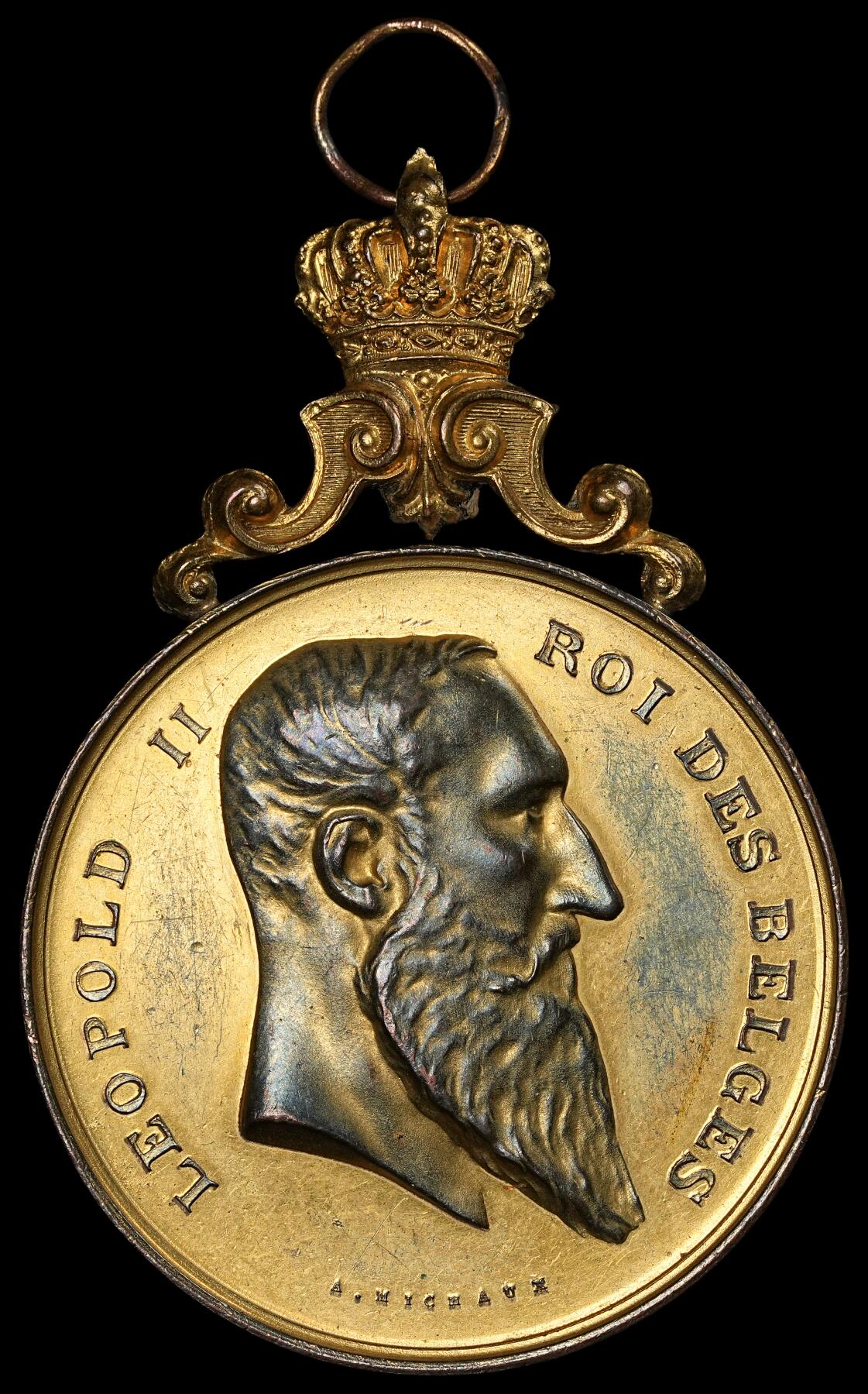 修遠堂世界钱币第六十期 1896年比利时鎏金铜章 51.81mm，55.75g 边一磕