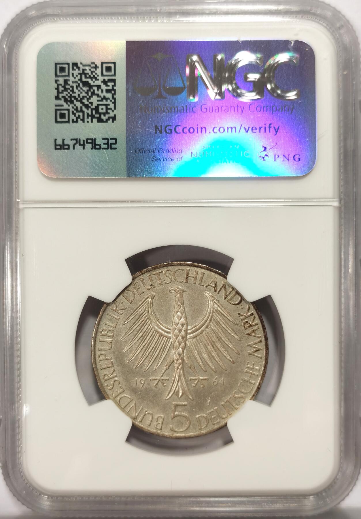 博洋堂世界钱币拍卖第113期（全场包邮） NGC MS63 联邦德国西德1964年费希特逝世150周年5马克纪念银币，西德五大天王之一