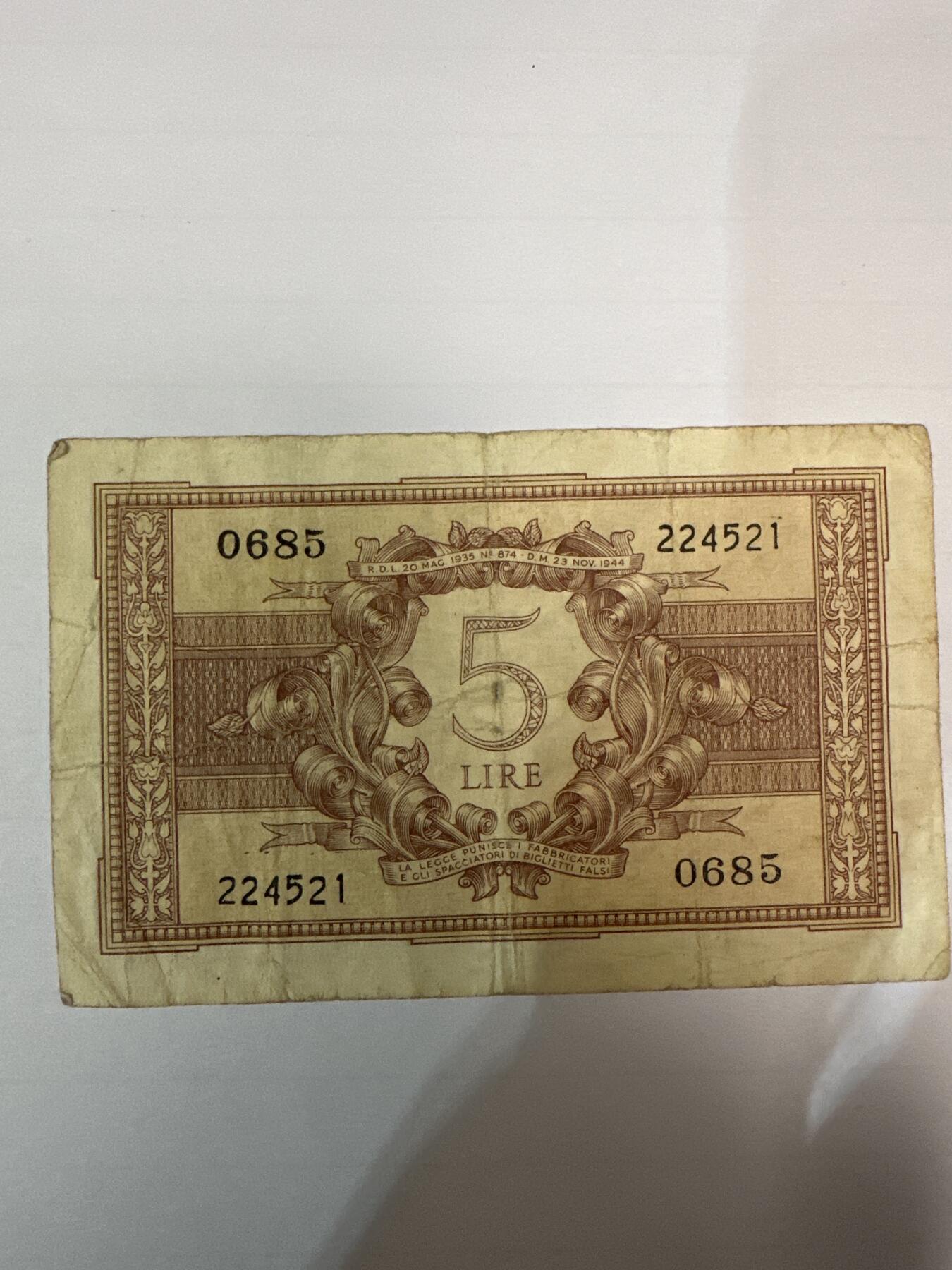 第二弹 纸币专场 1944年意大利5里拉