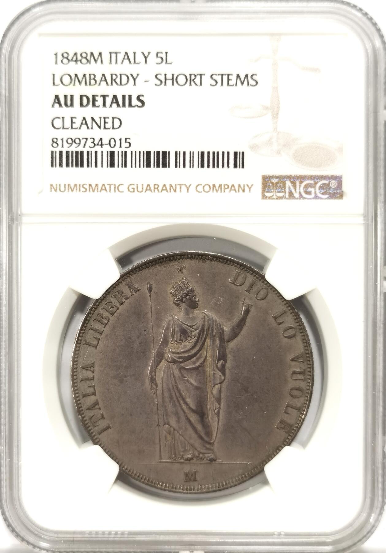 博洋堂世界钱币拍卖第113期（全场包邮） NGC AU 意大利1848年伦巴第临时政府5里拉大银币