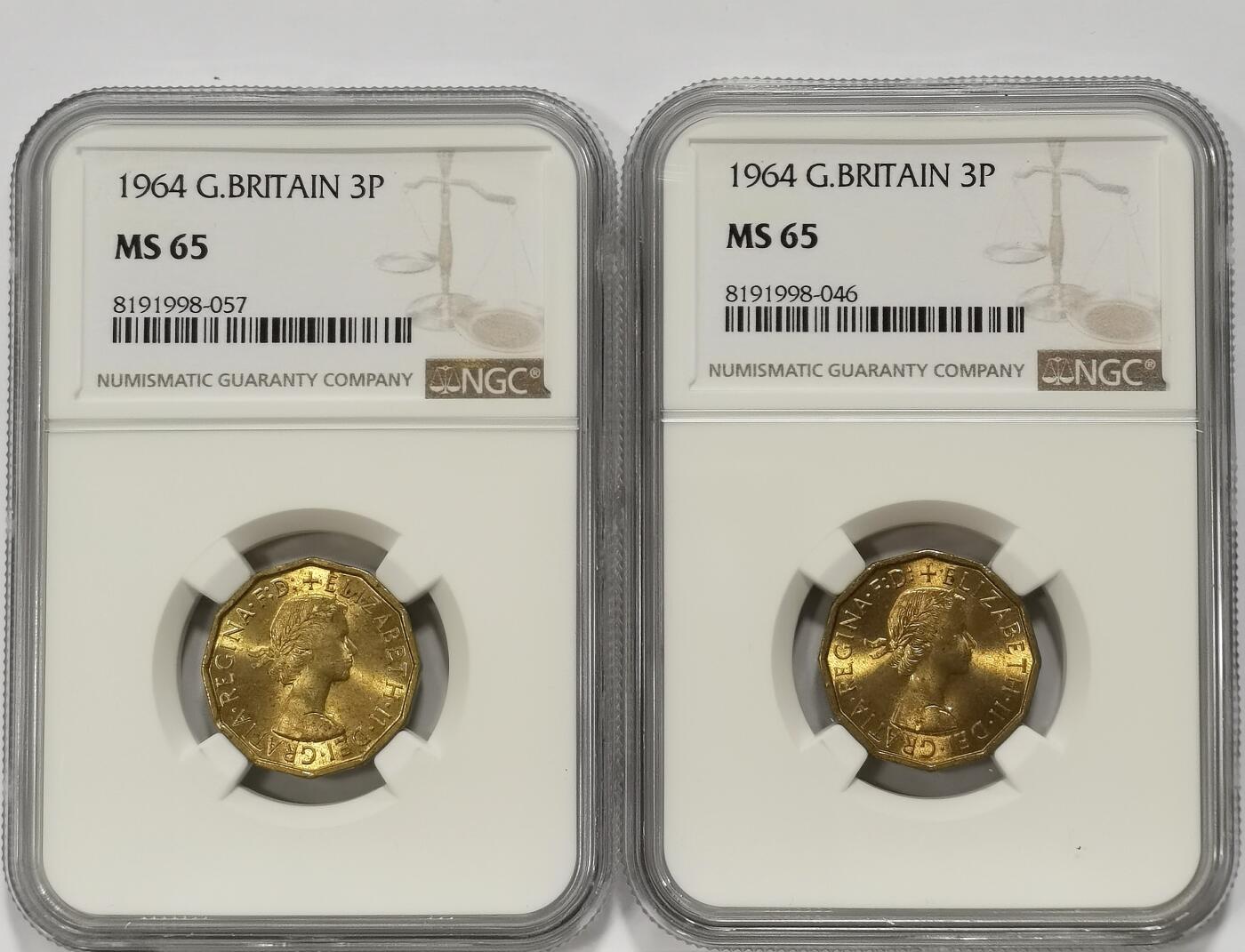 博洋堂世界钱币拍卖第113期（全场包邮） NGC MS65 英国1964年伊丽莎白二世3便士铜币2枚一对，高分转光