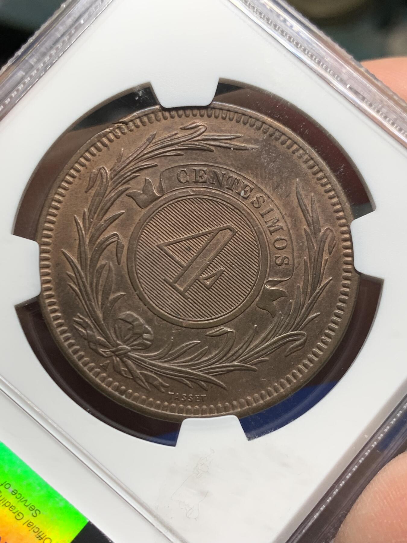 《竞宝斋》第360场 周日，周一  2场连拍 （全场包邮） NGC UNC 1869A 乌拉圭4分大铜币，稀少版别知名的A厂出品发行量最少， 币面笑脸高点俱在，细节到位，值得拥有。