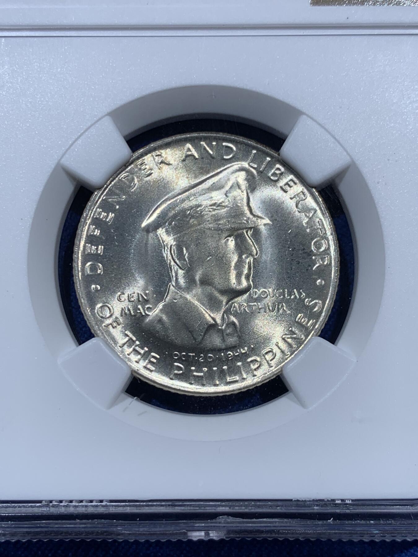 《竞宝斋》第360场 周日，周一  2场连拍 （全场包邮） NGC MS65 菲律宾 1947年 麦克阿瑟50分银币