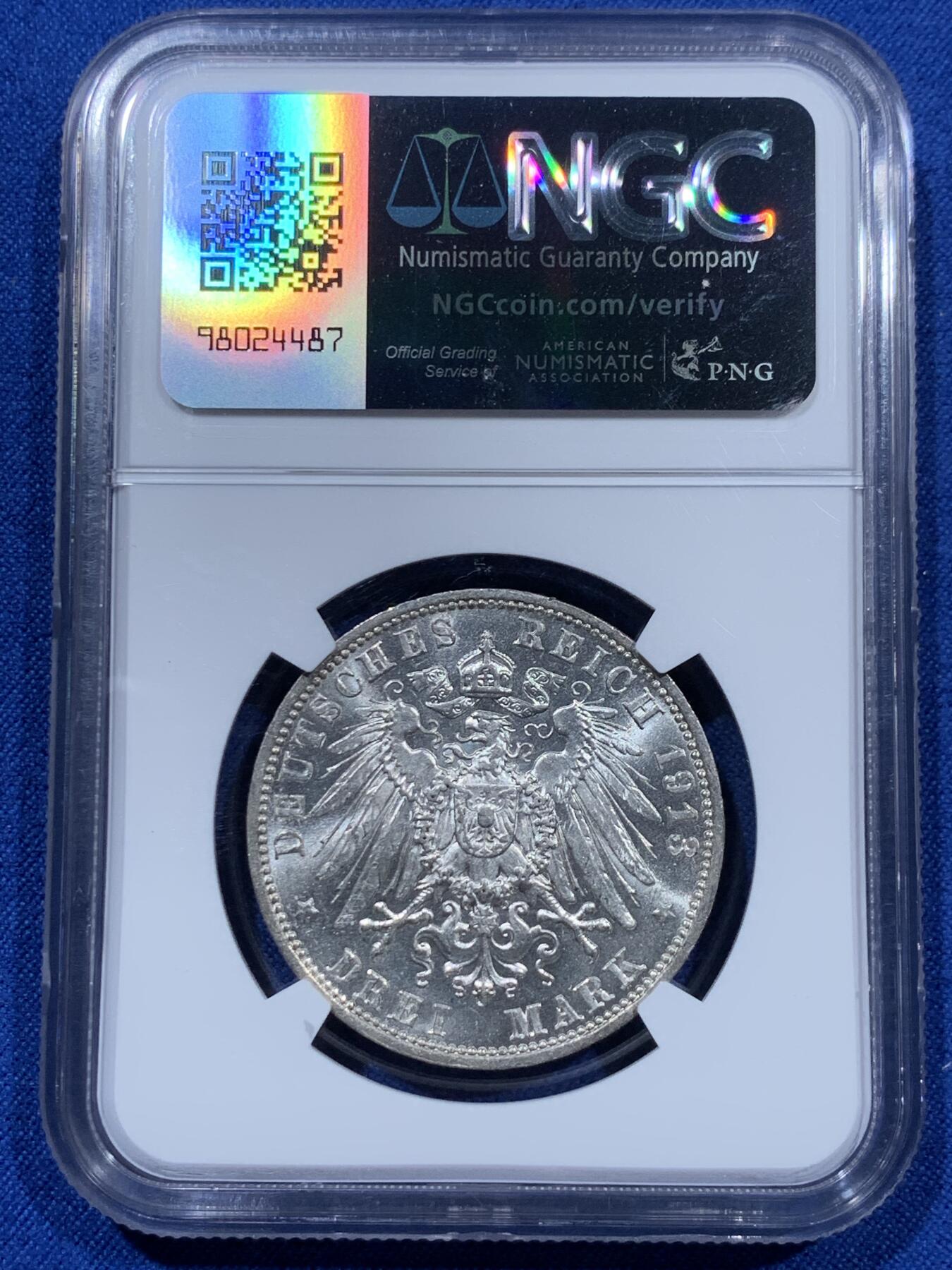 《竞宝斋》第360场 周日，周一  2场连拍 （全场包邮） NGC MS61 德国1913年萨克森建功碑3马克银币