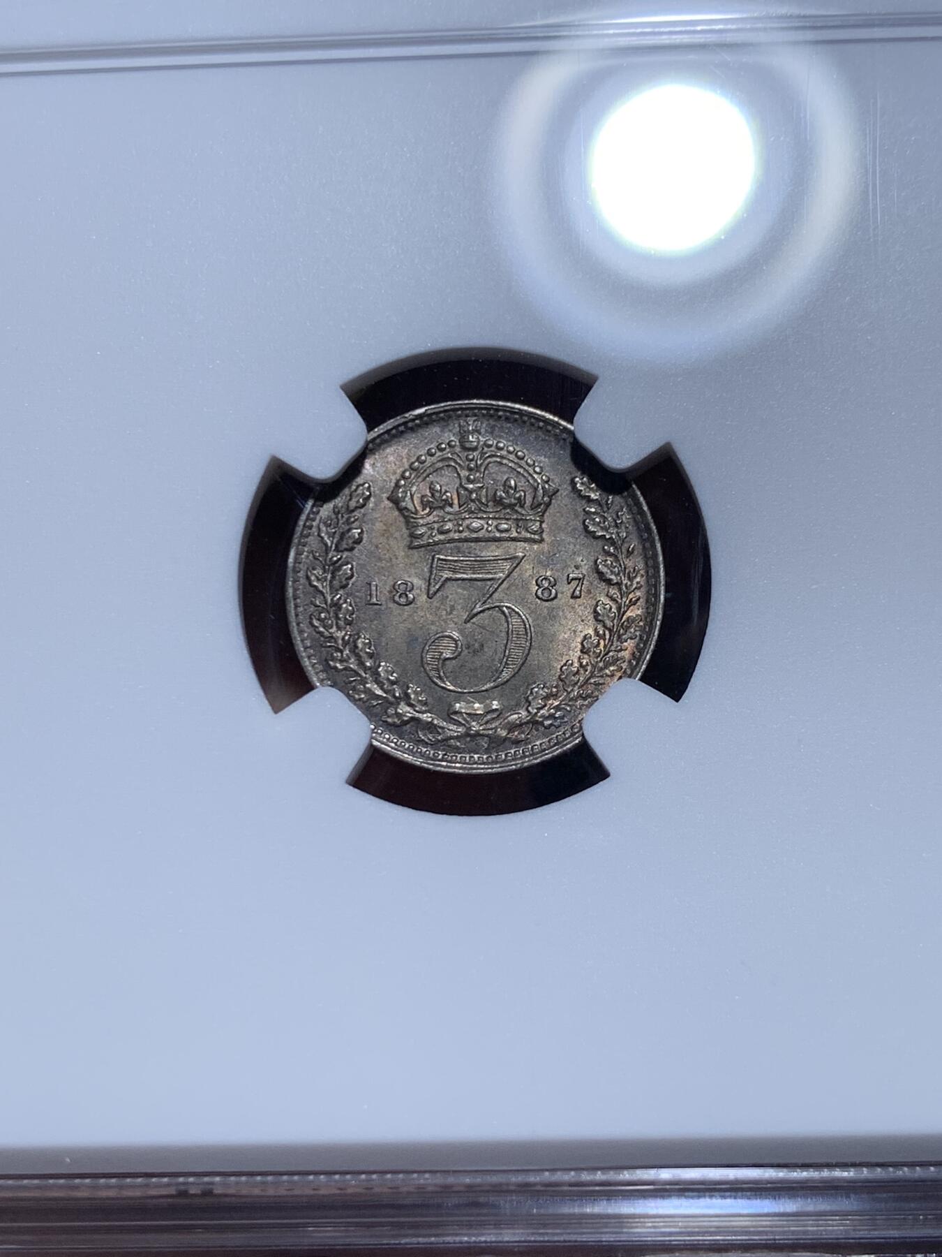 《竞宝斋》第360场 周日，周一  2场连拍 （全场包邮） NGC MS62 英国高冠1887年3便士银币 包浆醇厚