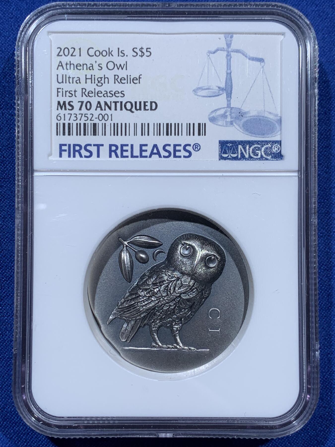 《竞宝斋》第360场 周日，周一  2场连拍 （全场包邮） NGC MS70ANTIQUED 库克2021雅典娜猫头鹰银币，智慧的象征，发行量999，送礼佳品，加厚盒装。
