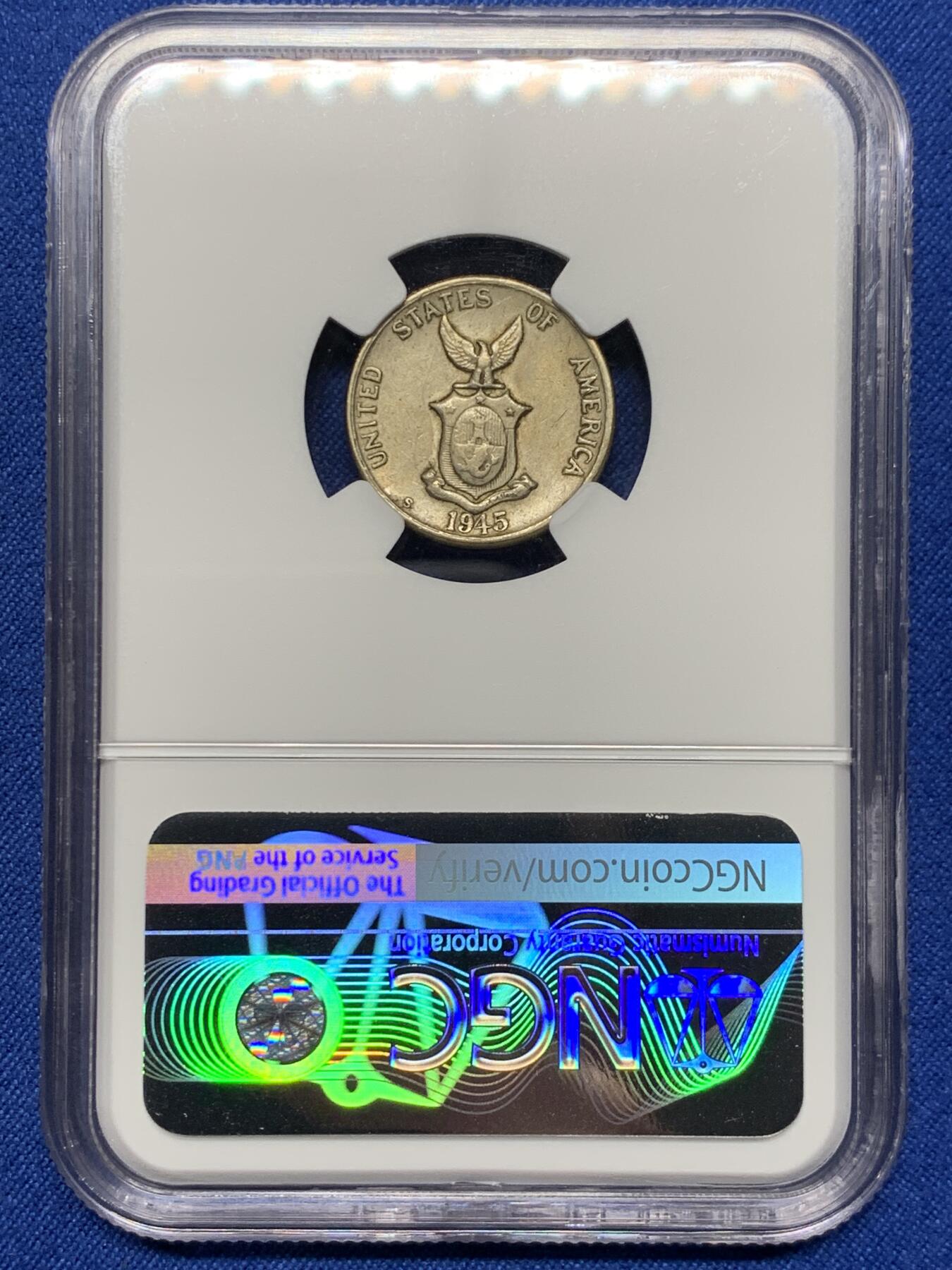 《竞宝斋》第360场 周日，周一  2场连拍 （全场包邮） NGC AUD 美属菲律宾 1945年 5分镍币