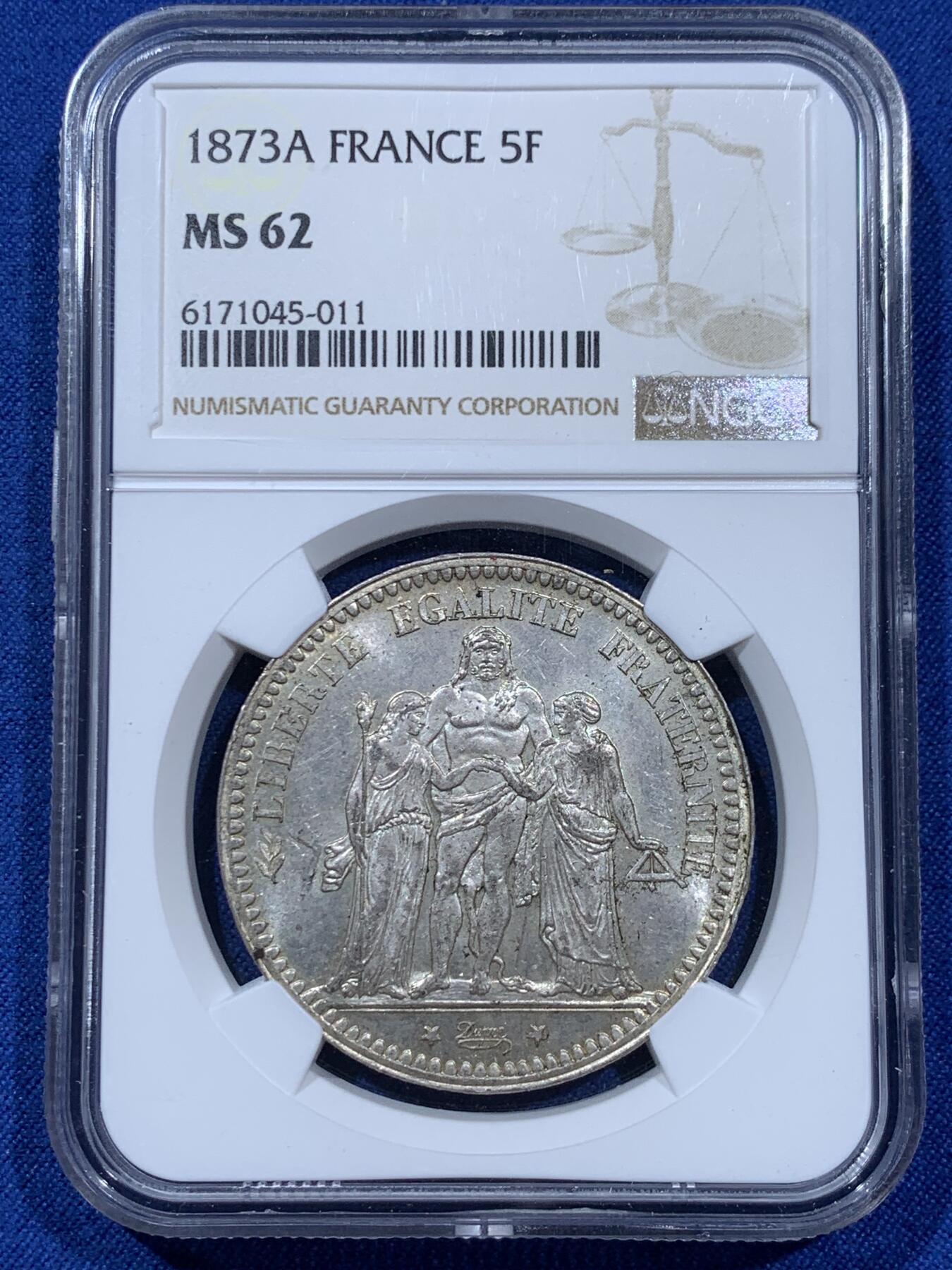 《竞宝斋》第360场 周日，周一  2场连拍 （全场包邮） NGC MS62 法国 1873A 大力神5法郎银币 底板光度都不错 略低评