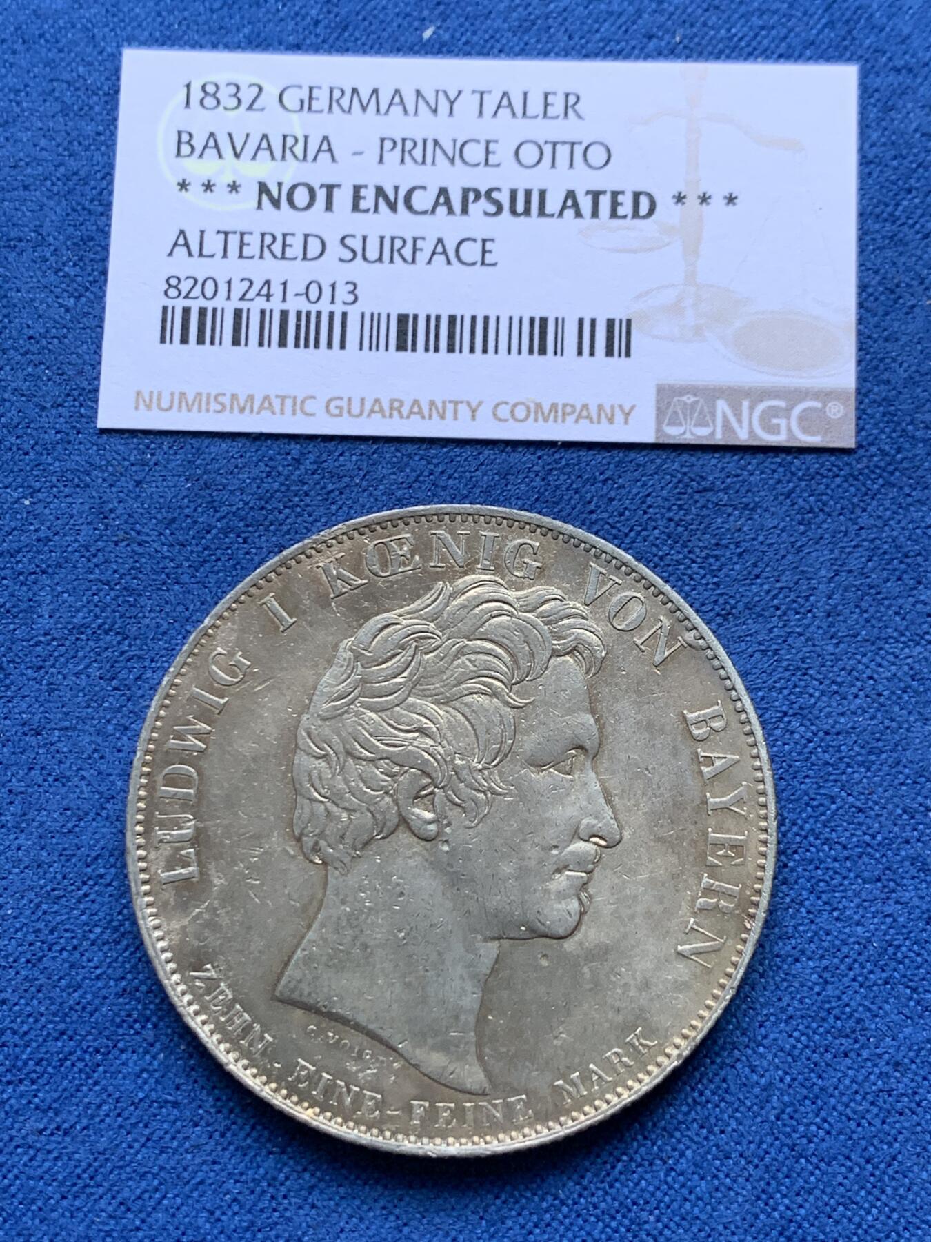 《竞宝斋》第360场 周日，周一  2场连拍 （全场包邮） 德国 巴伐利亚1832年路德维希一世 希腊国王 加冕纪念 泰勒大银币 非常少见的品种