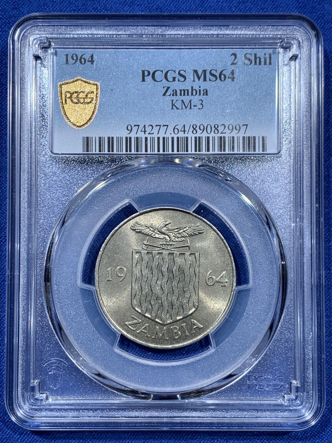 《竞宝斋》第360场 周日，周一  2场连拍 （全场包邮） PCGS MS64 赞比亚1964年2先令 热门非洲品种 好品的非常少见 这枚BU状态 64有点低评了 性价比高