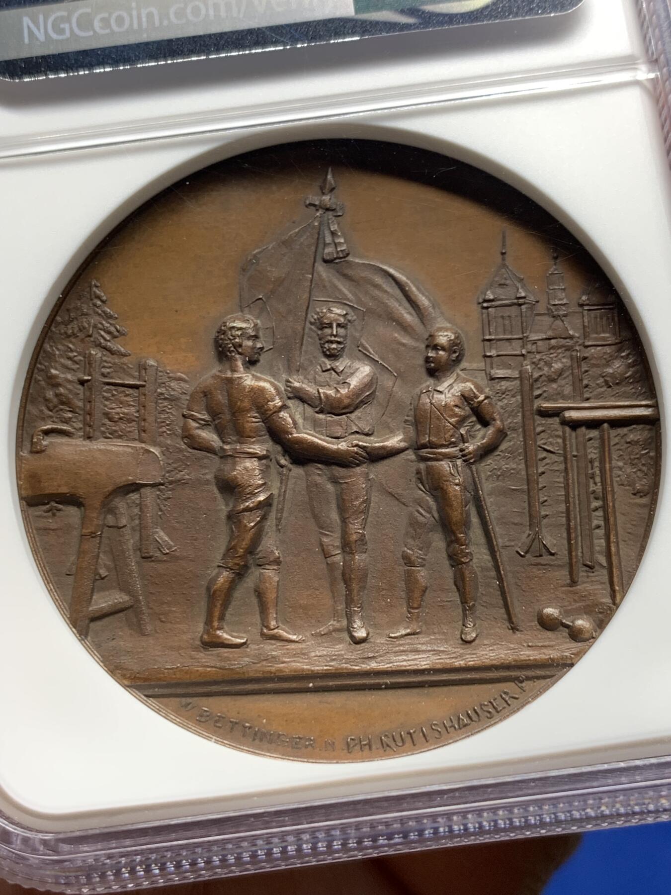 《竞宝斋》第360场 周日，周一  2场连拍 （全场包邮） NGC MS63BN 高分1891瑞士联邦运动节奖章，尺寸：45mm，重：55g，加厚盒。