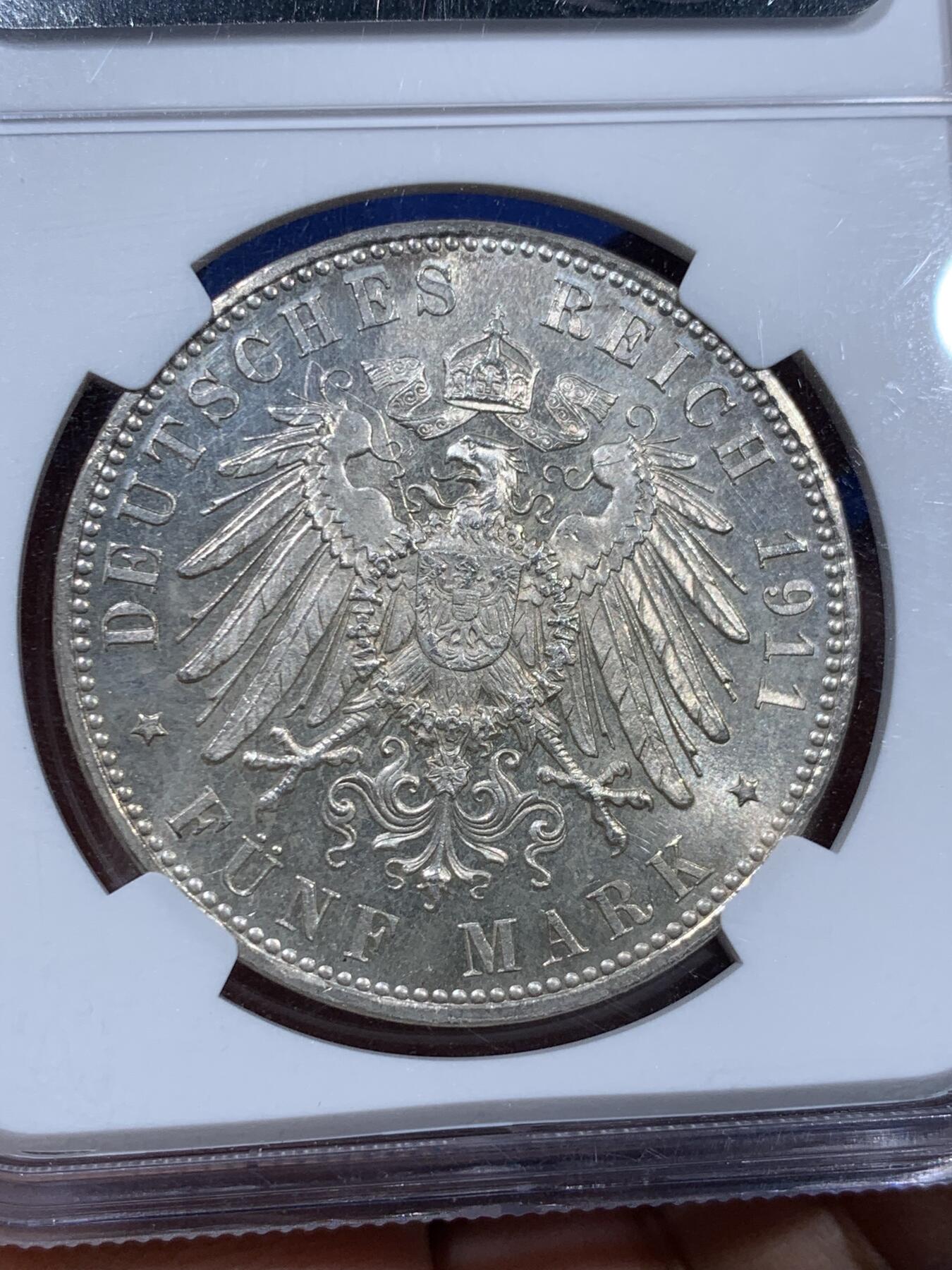 《竞宝斋》第360场 周日，周一  2场连拍 （全场包邮） NGC MS63 德国 巴伐利亚 1911年D 利奥波德 诞辰90周年 5马克 大银币