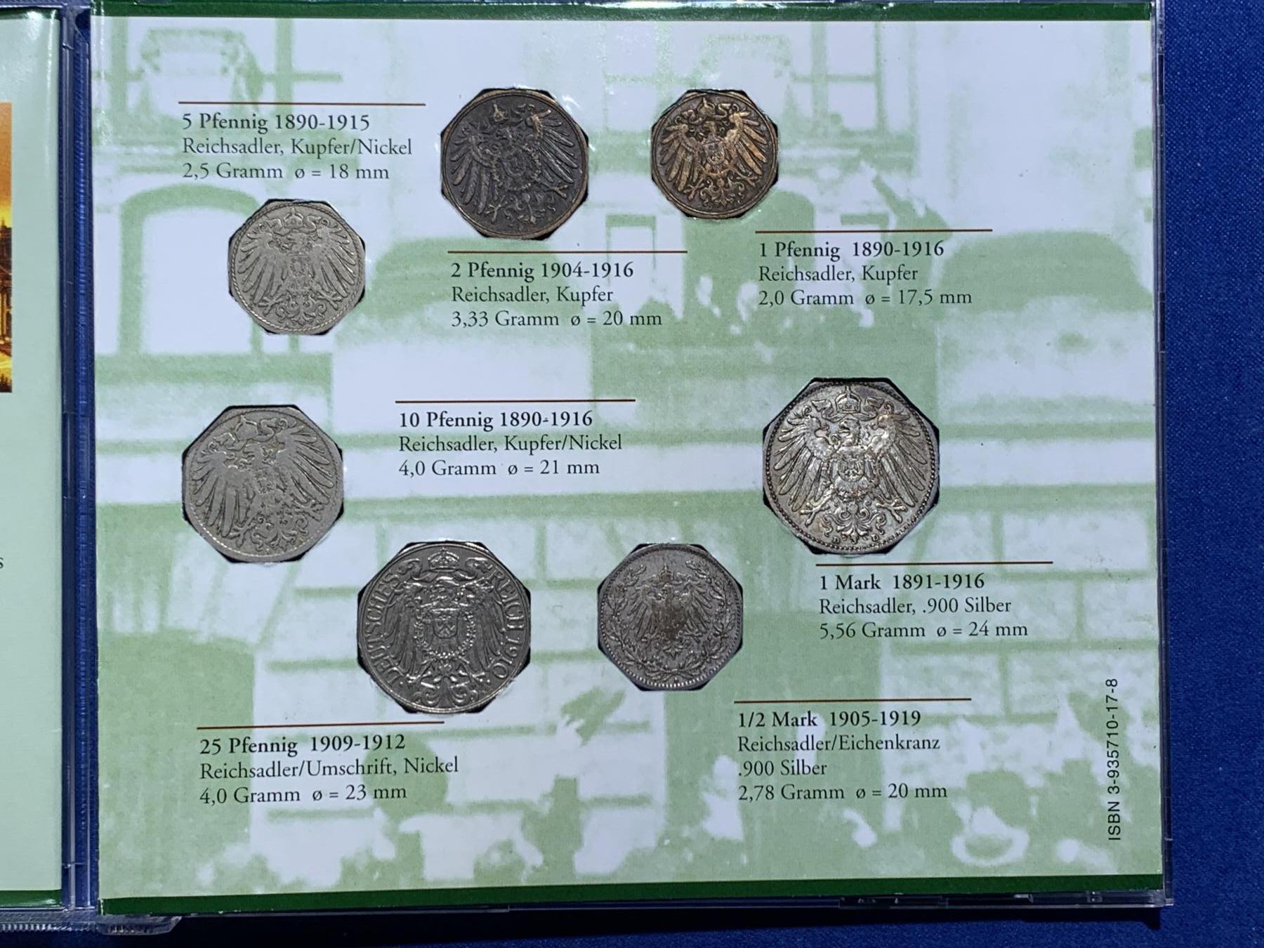 《竞宝斋》第360场 周日，周一  2场连拍 （全场包邮） 德国 1899-1915年 长翅鹰马克辅币一套 包含两枚银币 CD盒包装