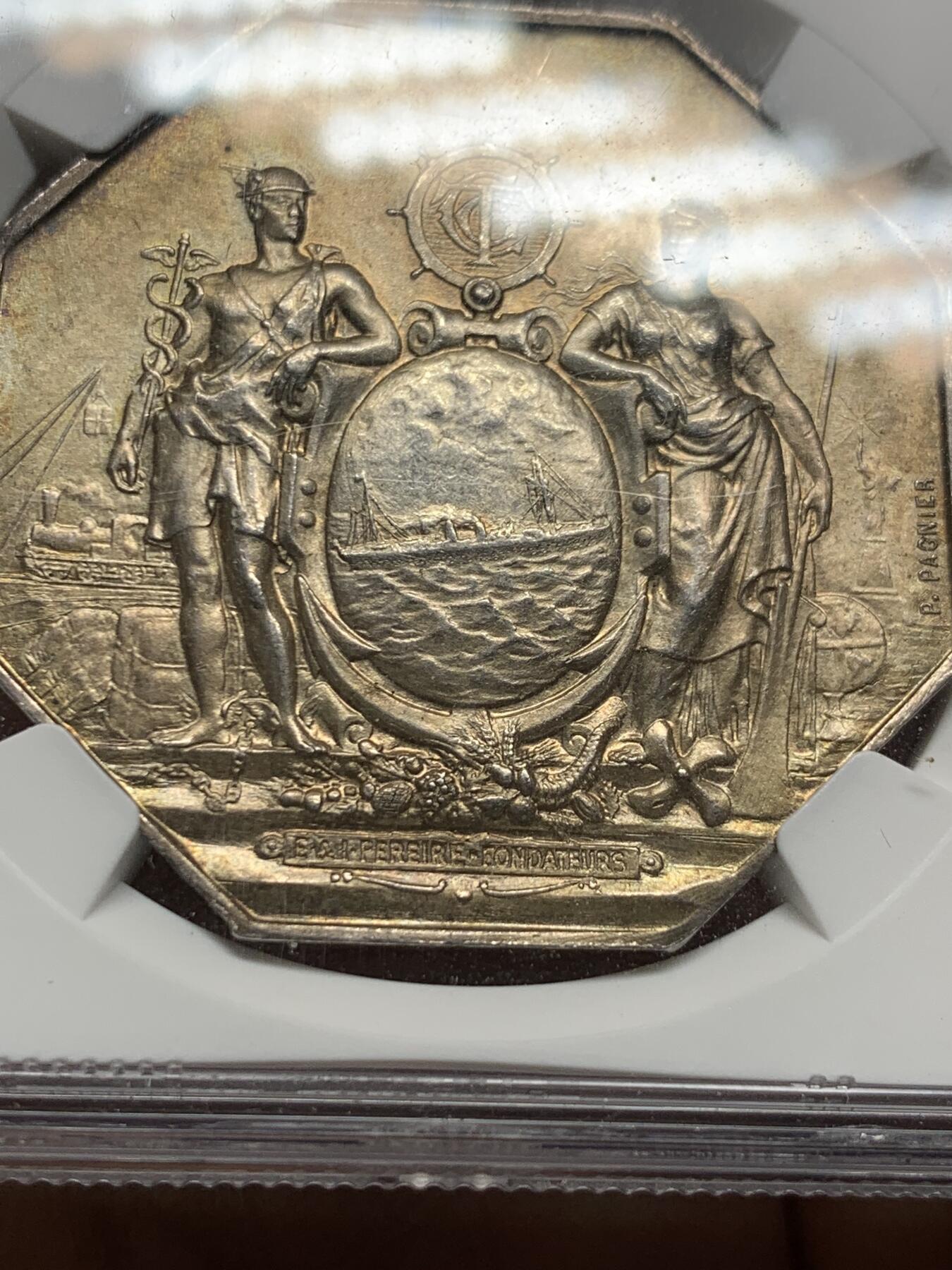 《竞宝斋》第360场 周日，周一  2场连拍 （全场包邮） NGC MS64 法国19世纪大西洋邮政公司纪念大型八角银质代币，38mm大型