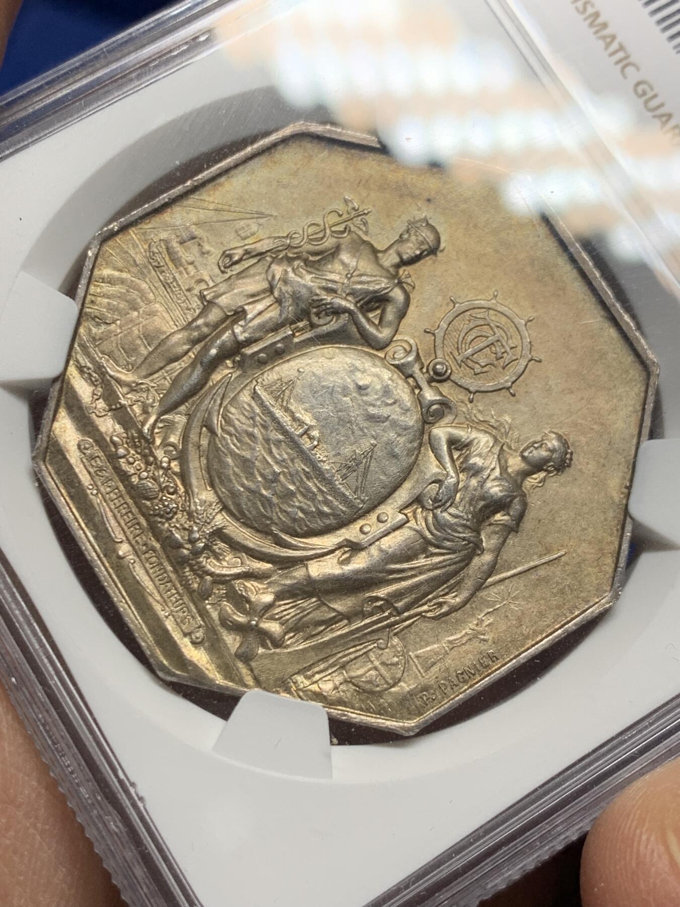 《竞宝斋》第360场 周日，周一  2场连拍 （全场包邮） NGC MS64 法国19世纪大西洋邮政公司纪念大型八角银质代币，38mm大型