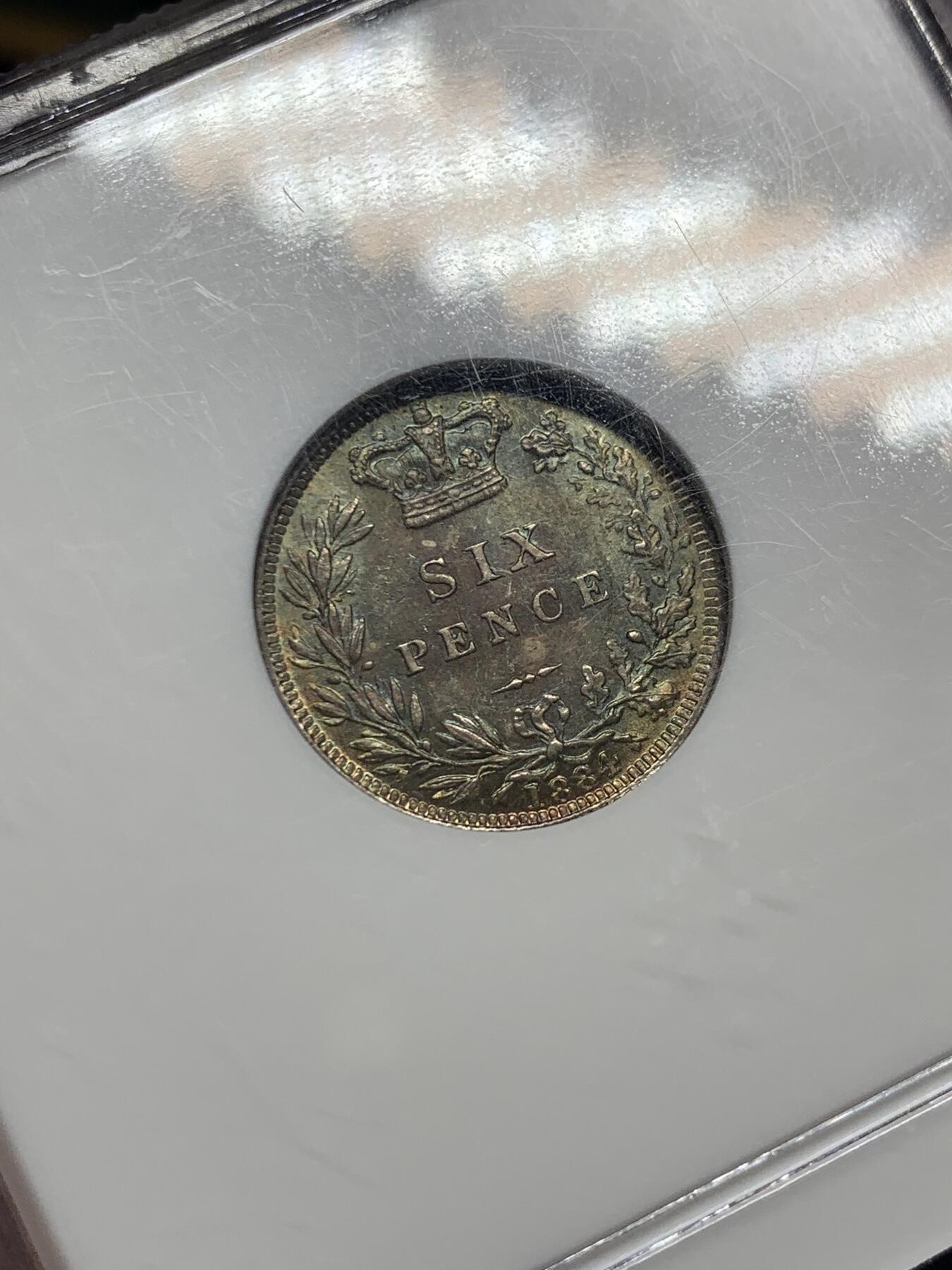 《竞宝斋》第360场 周日，周一  2场连拍 （全场包邮） NGC MS64 英国 1884年 维多利亚 6便士 银币 原味英伦包浆 老白盒 品质不输65