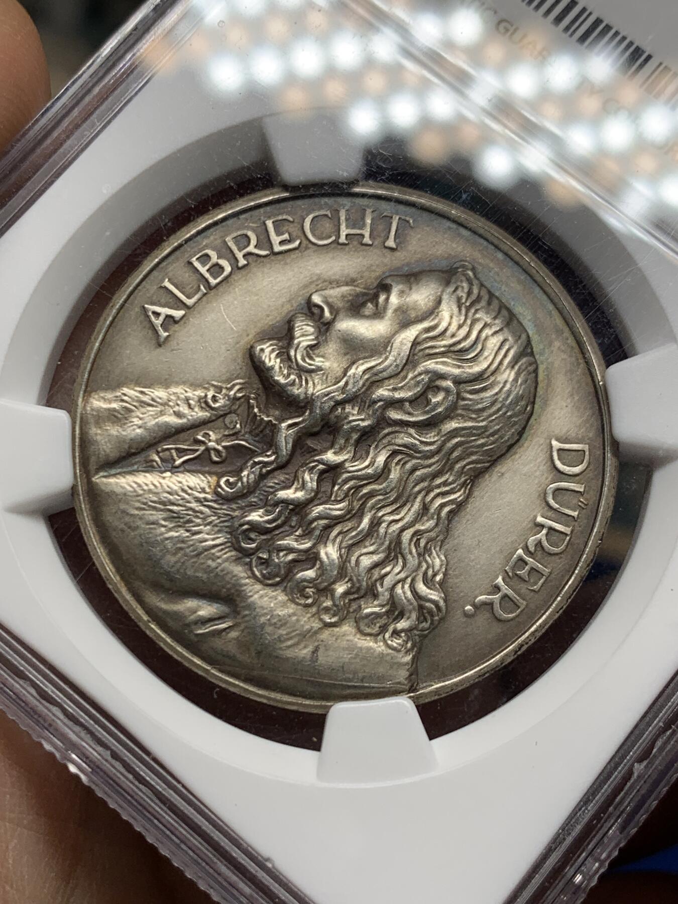 《竞宝斋》第360场 周日，周一  2场连拍 （全场包邮） NGC MS62 德国1928年丢勒逝世400周年纪念银章 冠军分 高浮雕 少见版本