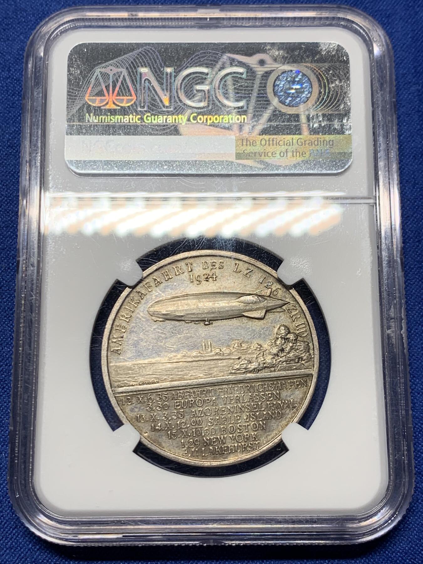 《竞宝斋》第360场 周日，周一  2场连拍 （全场包邮） NGC MS61 德国1924年齐柏林飞艇环球飞行纪念银章